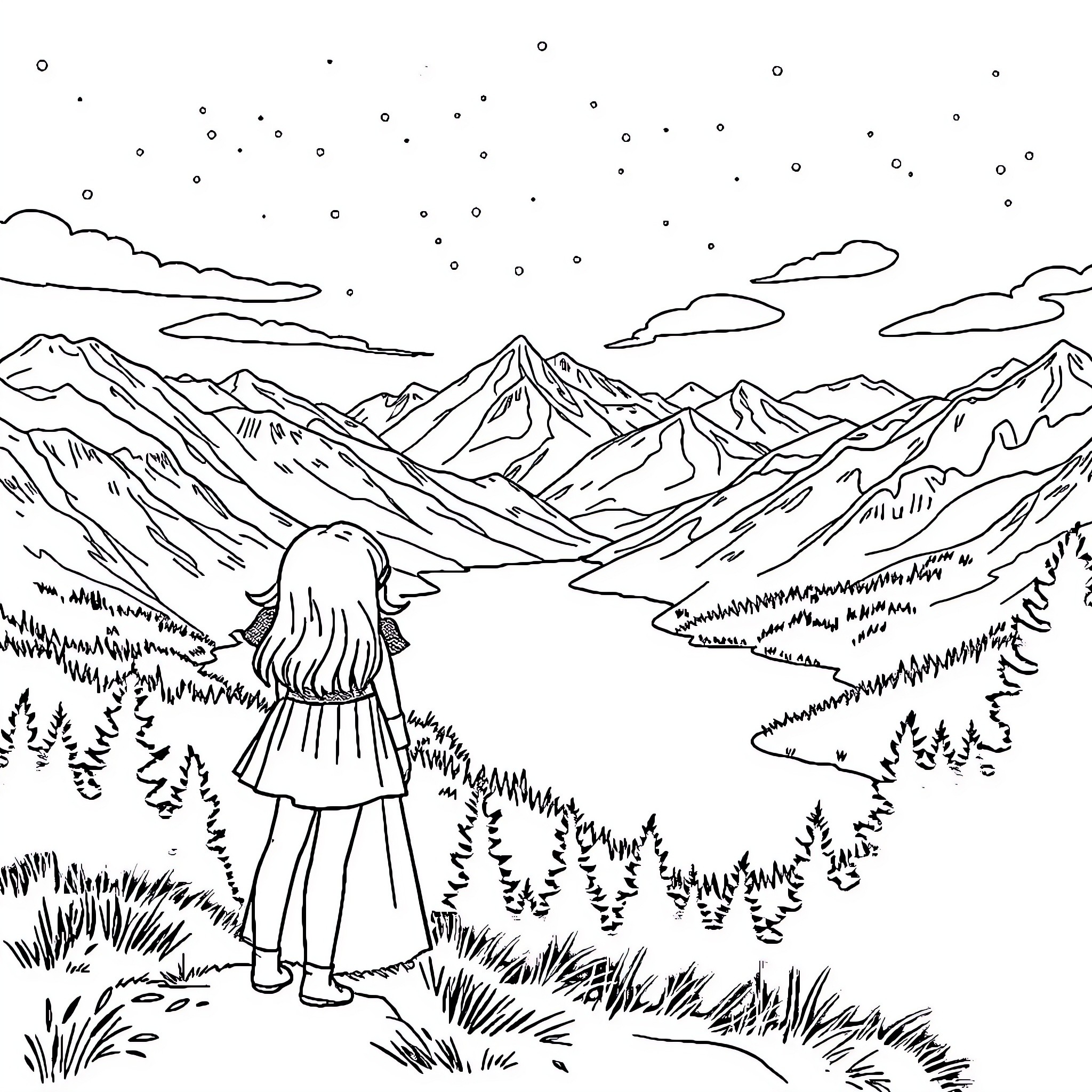 Girl overlooking majestic mountain landscape Coloring Page (free black-and-white line drawing printable PDF for all, from beginners to advanced learners, including children, teens, adults, and seniors)