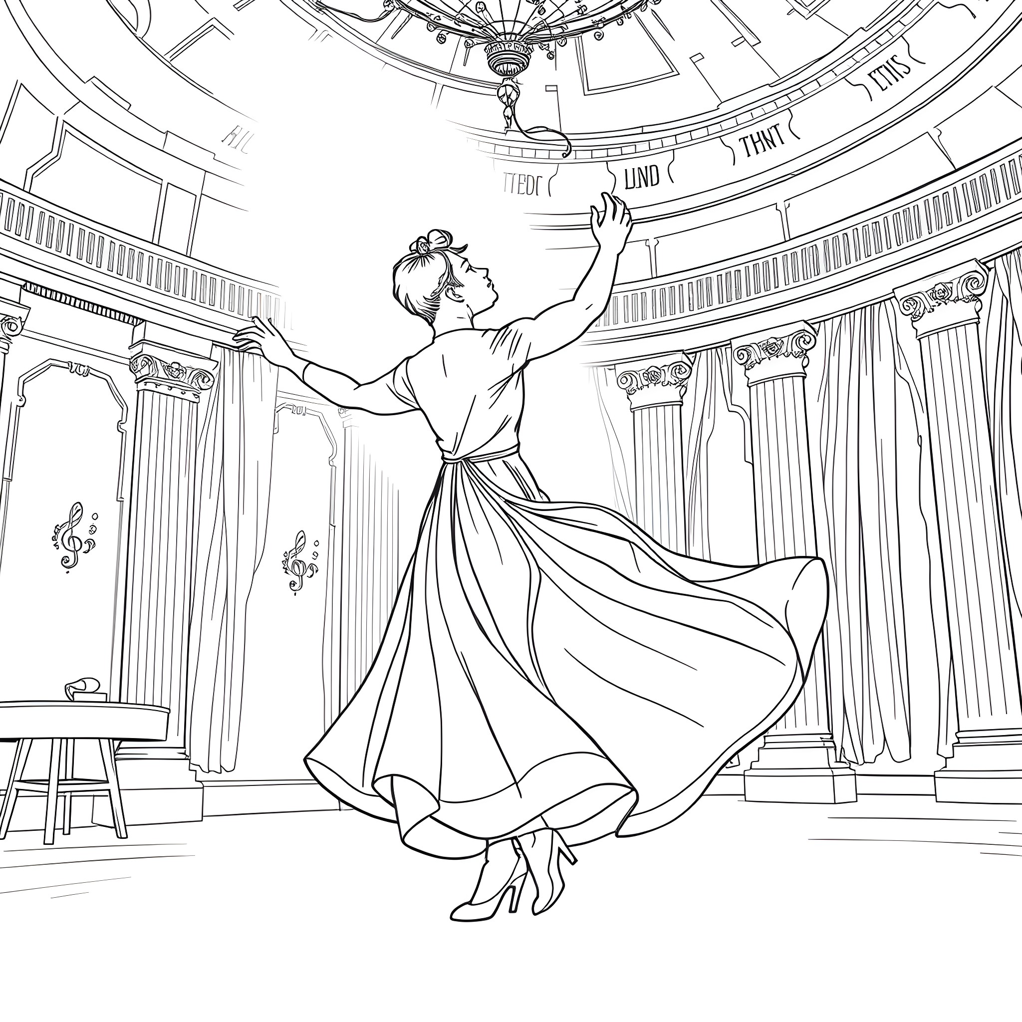 Georg Rauber's graceful dance in an ornate ballroom Coloring Page (free black-and-white line drawing printable PDF for all, from beginners to advanced learners, including children, teens, adults, and seniors)