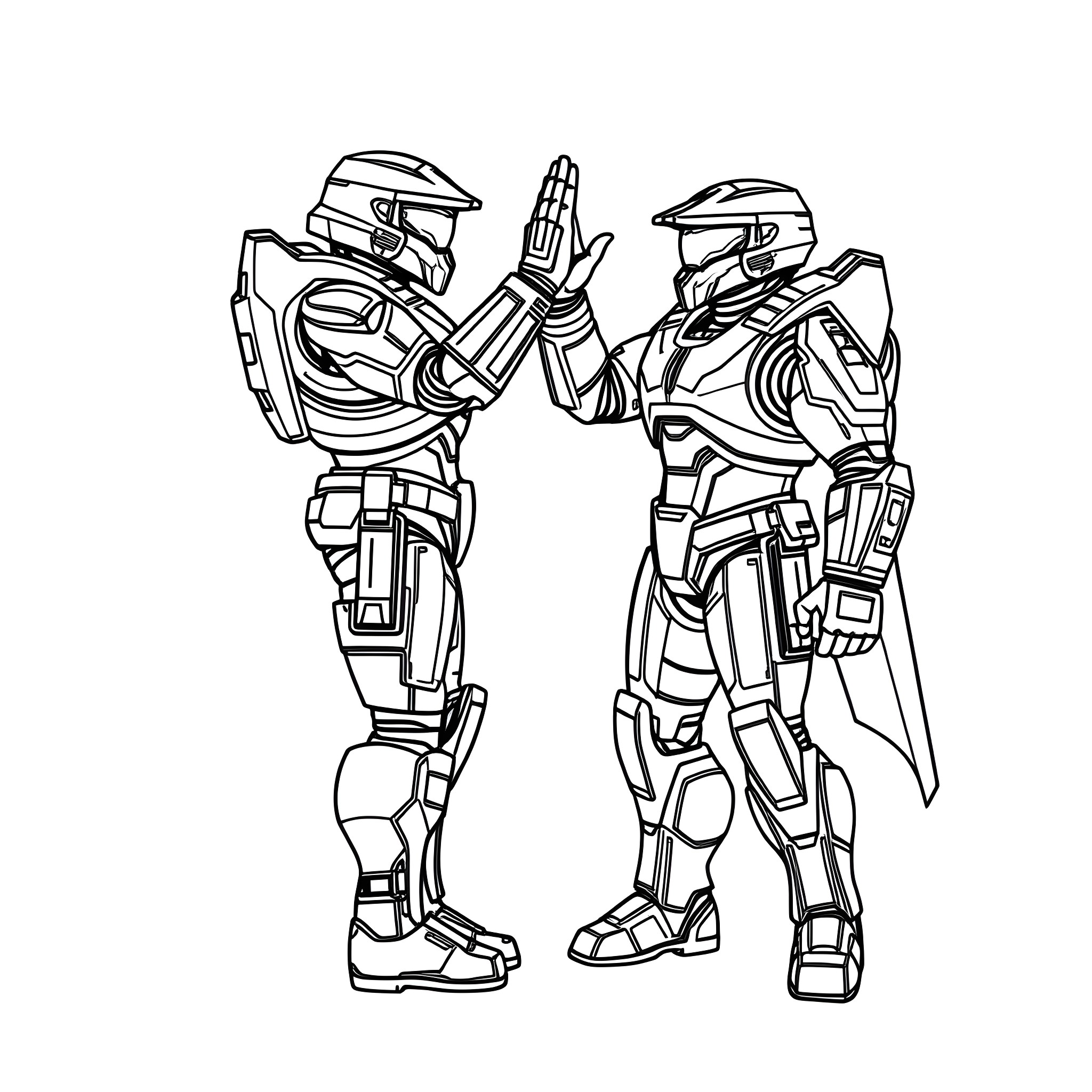 Master Chief High-Five with a Fellow Spartan Coloring Page (free black-and-white line drawing printable PDF for all, from beginners to advanced learners, including children, teens, adults, and seniors)