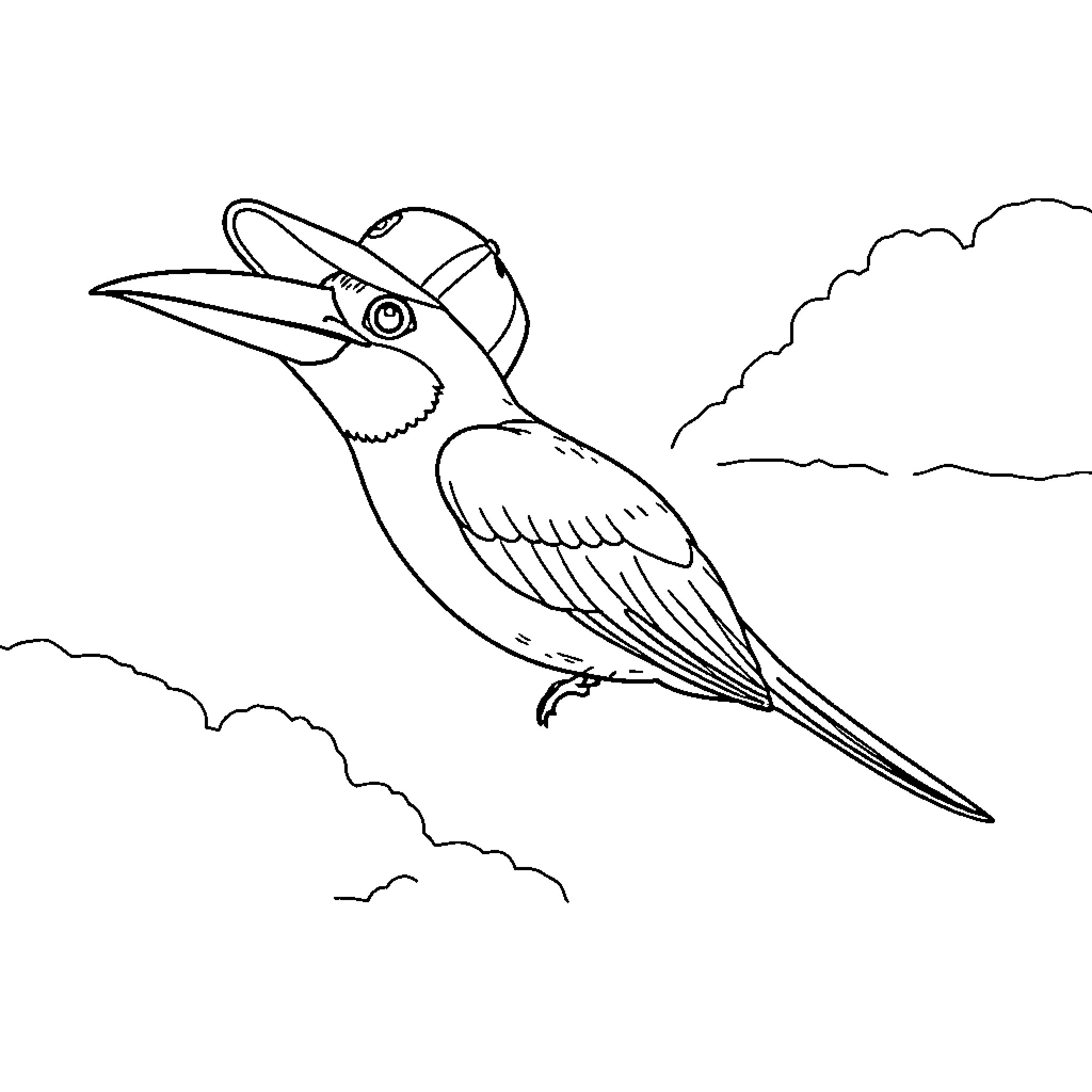 Bird soaring through clouds Coloring Page (free black-and-white line drawing printable PDF for all, from beginners to advanced learners, including children, teens, adults, and seniors)