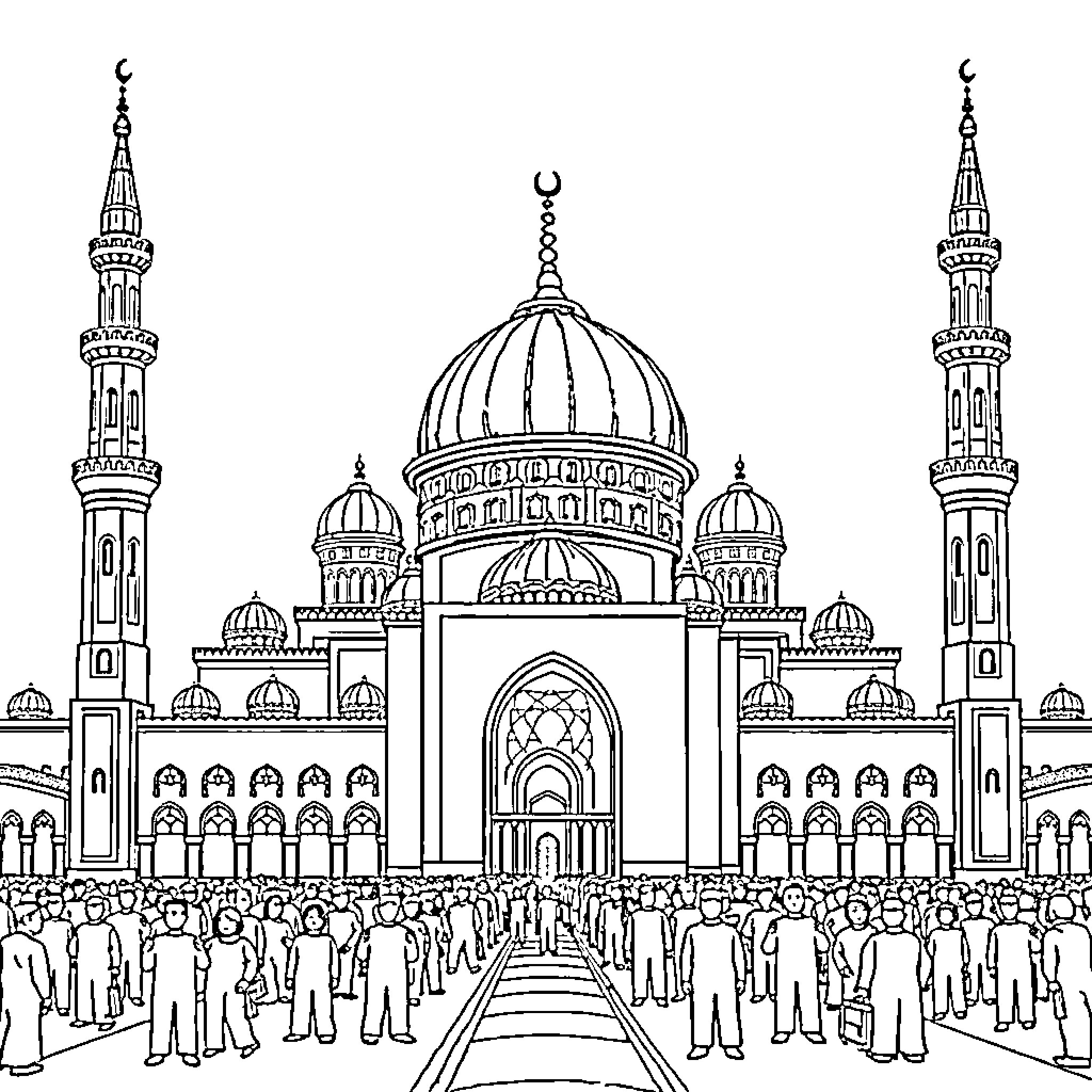 Masjid with worshippers gathered for prayer Coloring Page (free black-and-white line drawing printable PDF for all, from beginners to advanced learners, including children, teens, adults, and seniors)