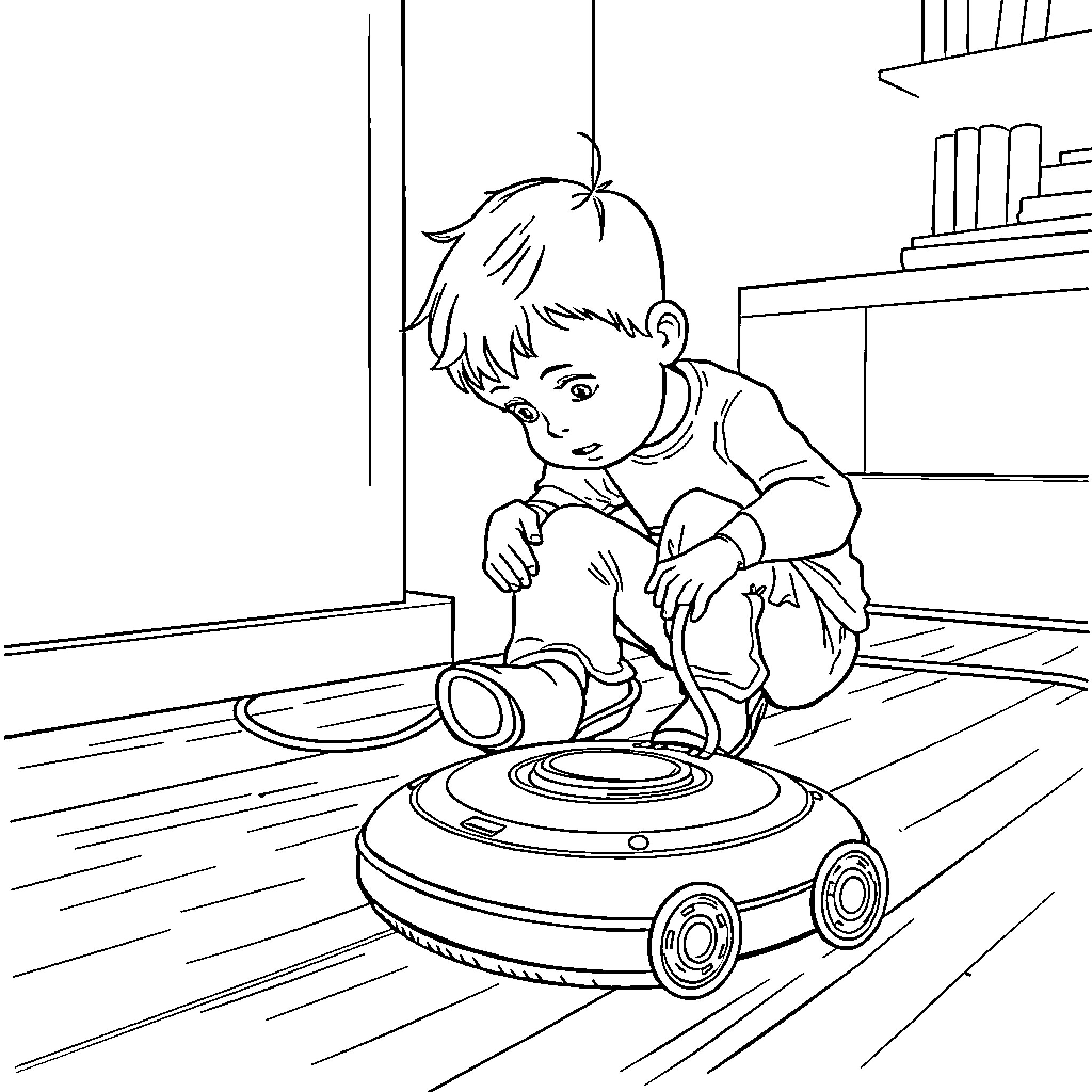 Kid playing with remote control toy on the floor Coloring Page (free black-and-white line drawing printable PDF for all, from beginners to advanced learners, including children, teens, adults, and seniors)