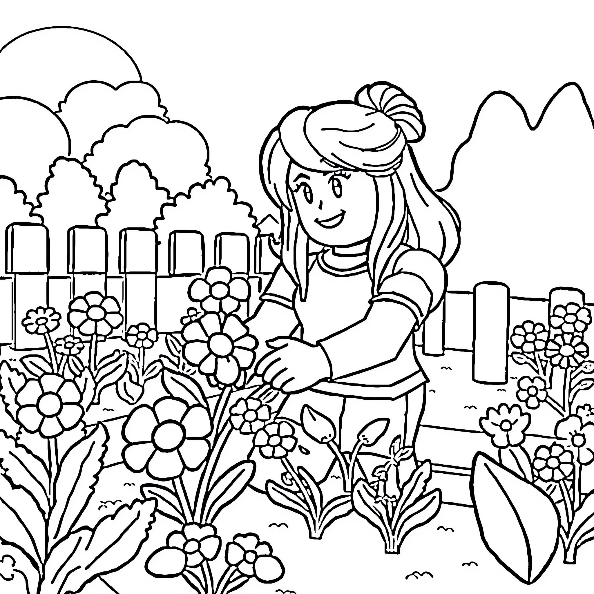 Roblox Girl Tending to Blooming Garden Coloring Page (free black-and-white line drawing printable PDF for all, from beginners to advanced learners, including children, teens, adults, and seniors)