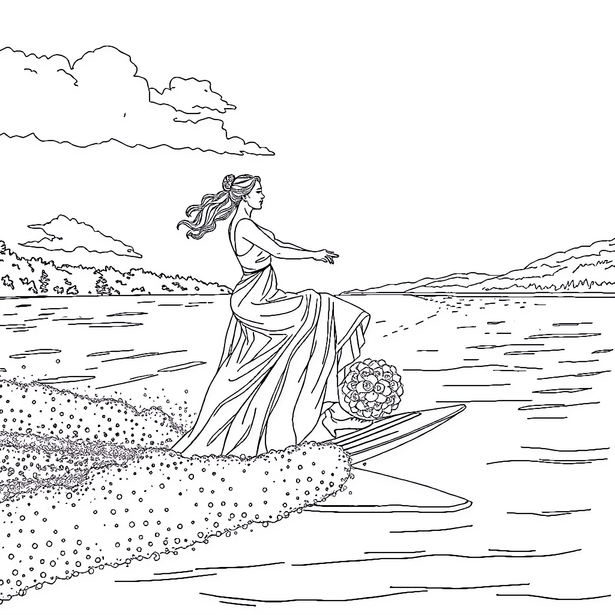 Bride walking gracefully by the lake Coloring Page (free black-and-white line drawing printable PDF for all, from beginners to advanced learners, including children, teens, adults, and seniors)