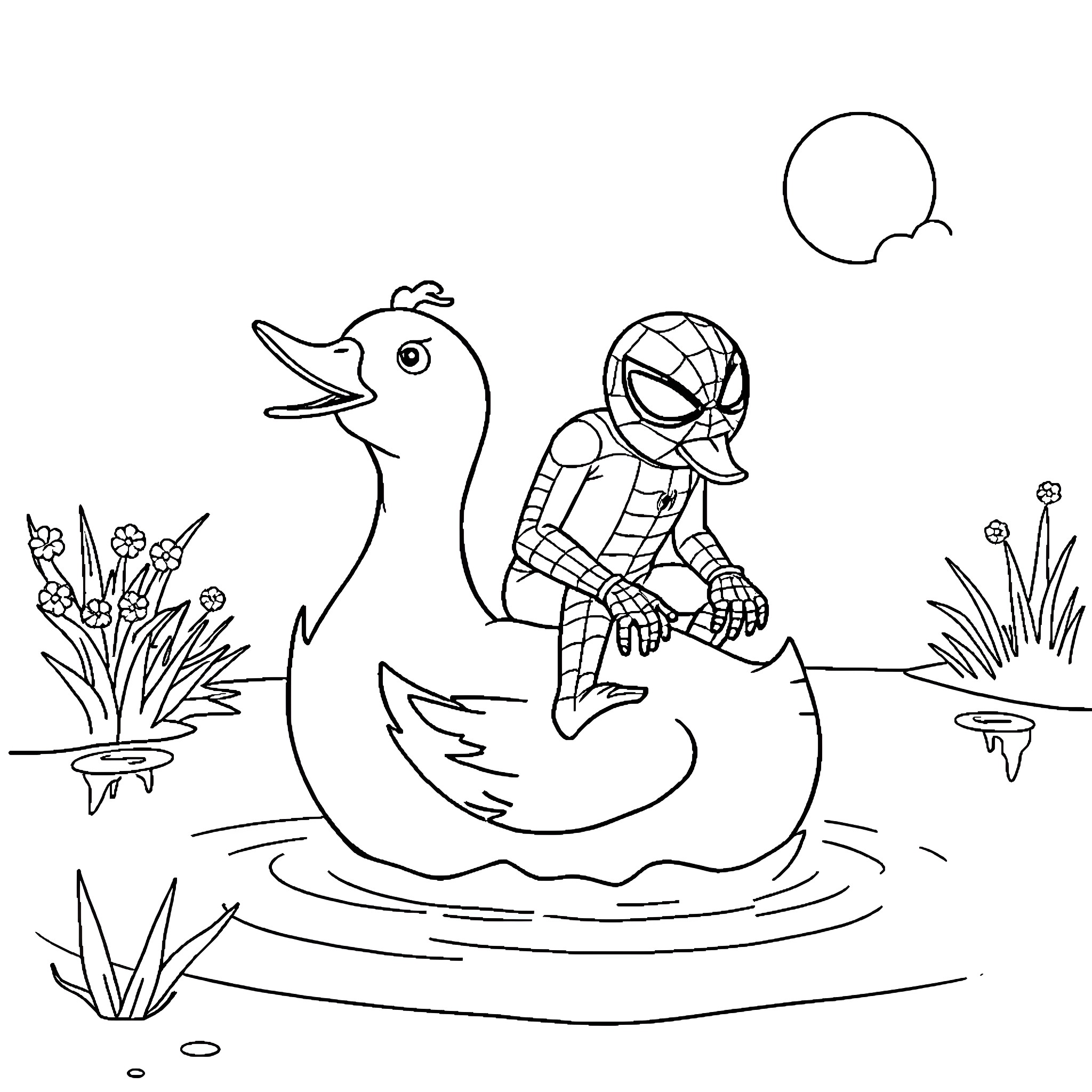Spiderman exploring the pond with a duck Coloring Page (free black-and-white line drawing printable PDF for all, from beginners to advanced learners, including children, teens, adults, and seniors)