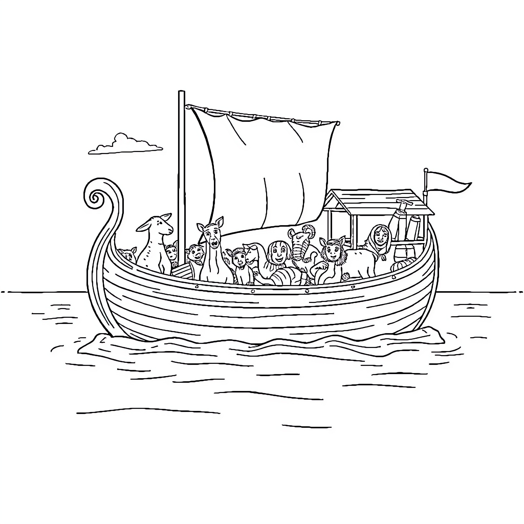 Noah's journey on a sailing ship Coloring Page (free black-and-white line drawing printable PDF for all, from beginners to advanced learners, including children, teens, adults, and seniors)