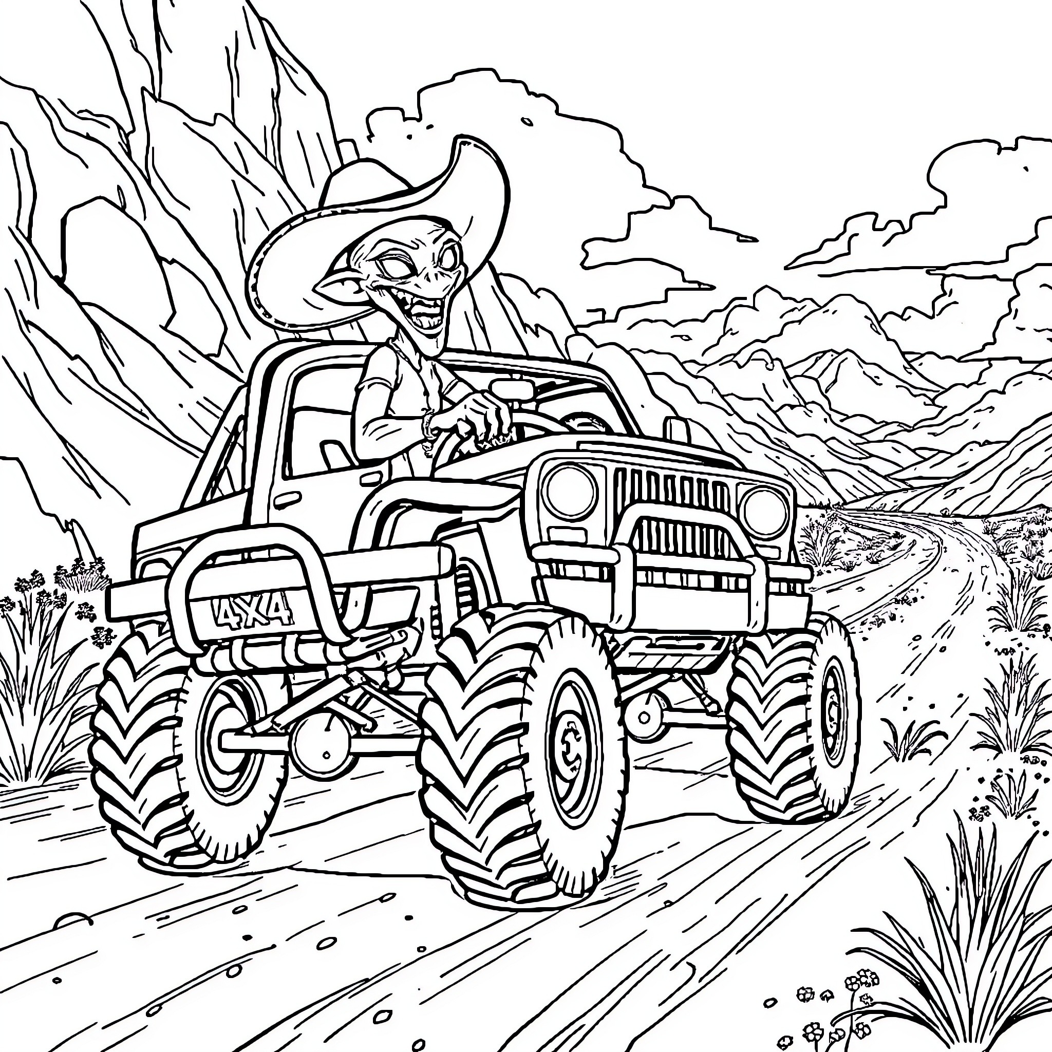 Alien Driving Monstrous Vehicle through Rugged Terrain Coloring Page (free black-and-white line drawing printable PDF for all, from beginners to advanced learners, including children, teens, adults, and seniors)