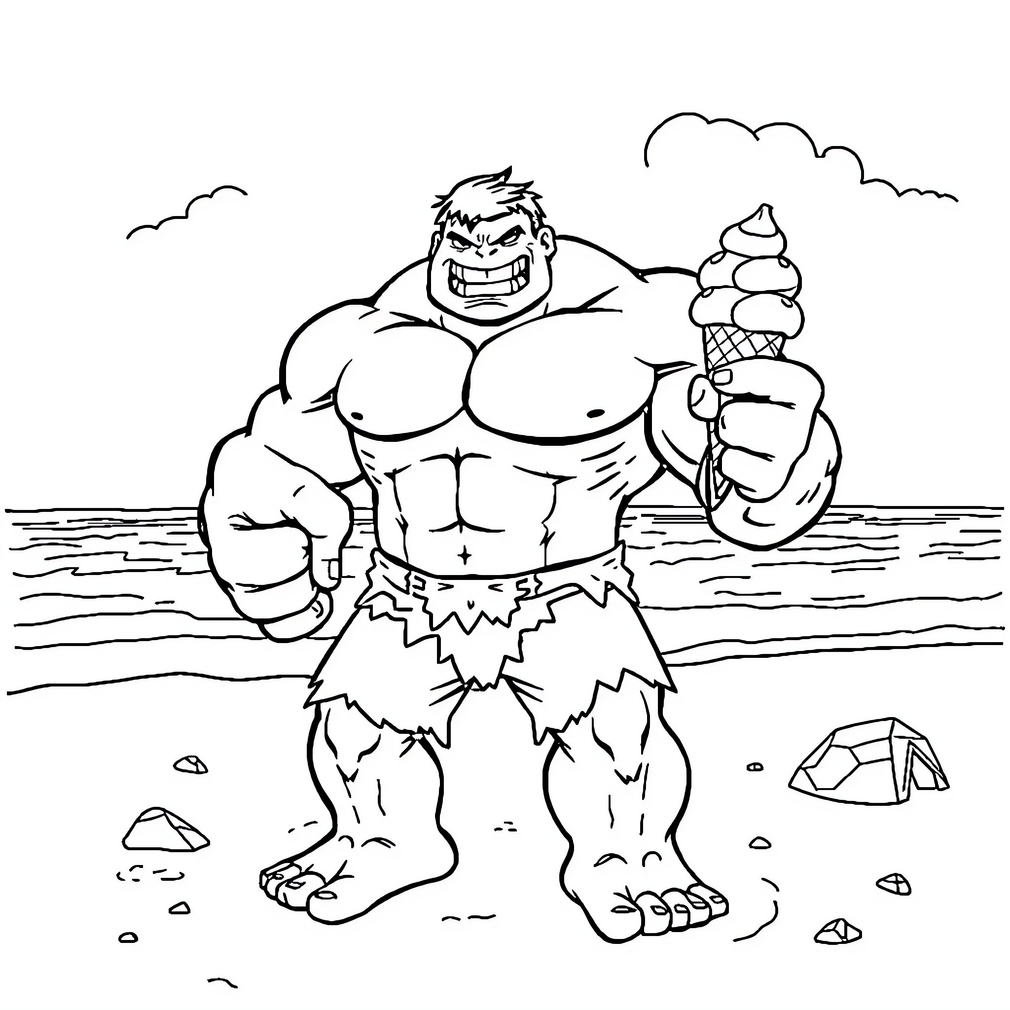 Hulk Enjoying a Tasty Ice Cream by the Beach Coloring Page (free black-and-white line drawing printable PDF for all, from beginners to advanced learners, including children, teens, adults, and seniors)