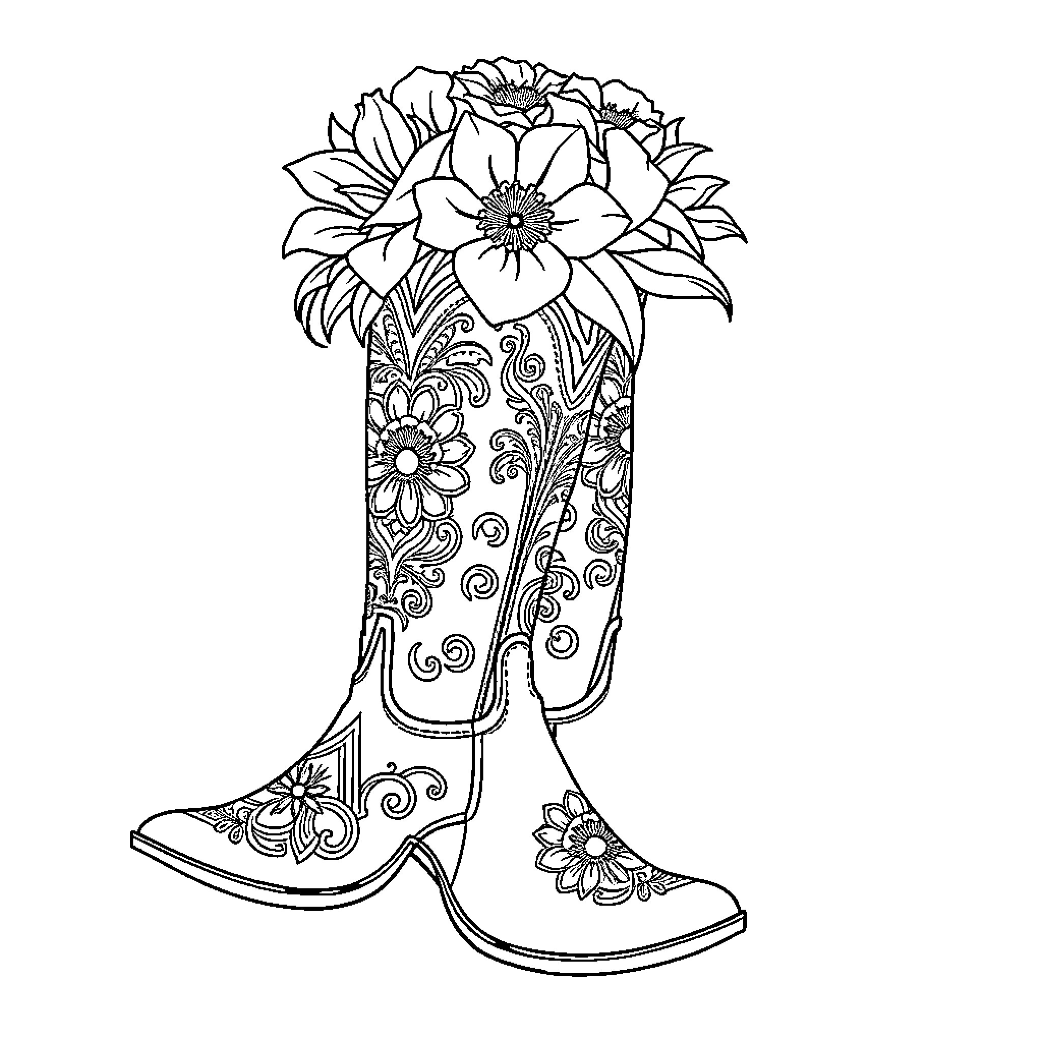 Boot Adorned with Floral Bouquet Coloring Page (free black-and-white line drawing printable PDF for all, from beginners to advanced learners, including children, teens, adults, and seniors)