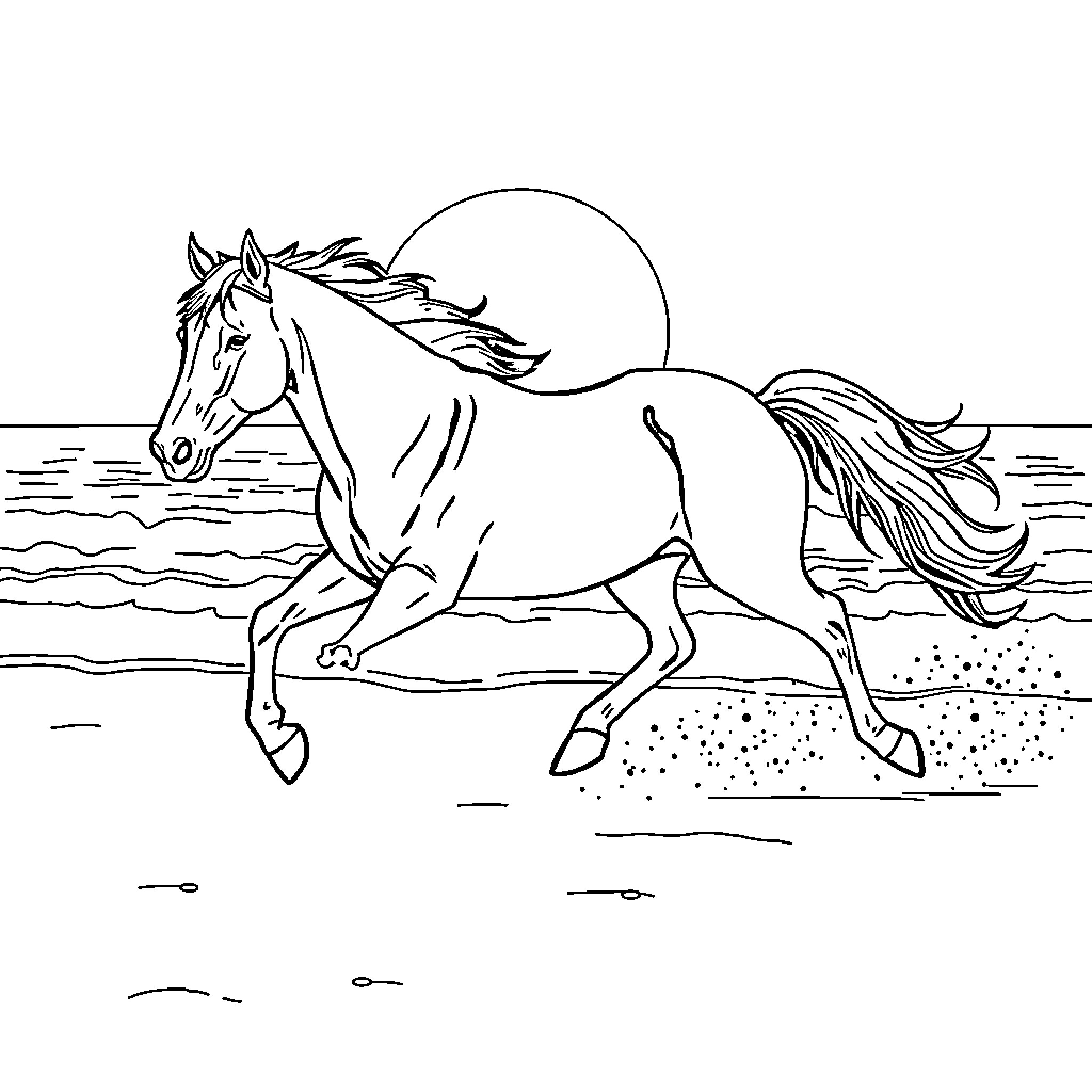 Horse running freely in the moonlit landscape Coloring Page (free black-and-white line drawing printable PDF for all, from beginners to advanced learners, including children, teens, adults, and seniors)