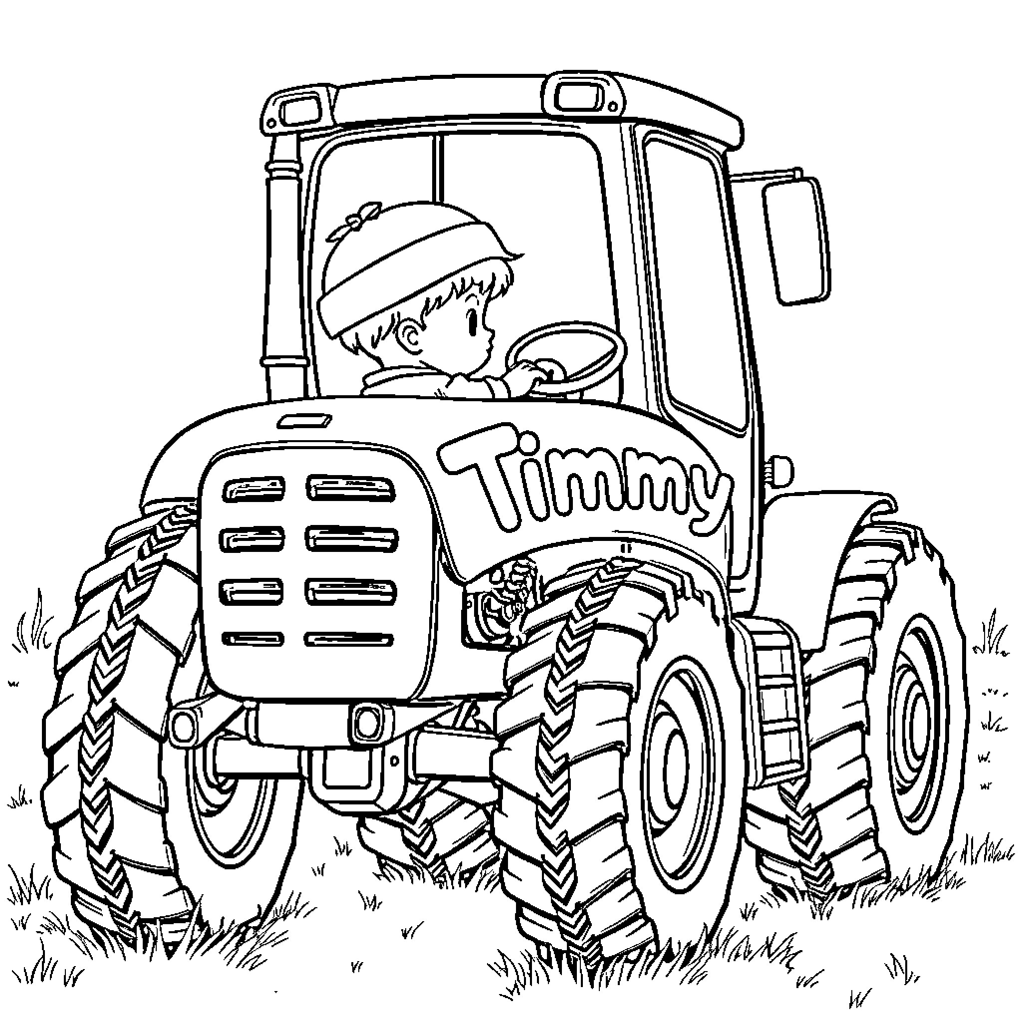 Boy driving a tractor on the farm Coloring Page (free black-and-white line drawing printable PDF for all, from beginners to advanced learners, including children, teens, adults, and seniors)