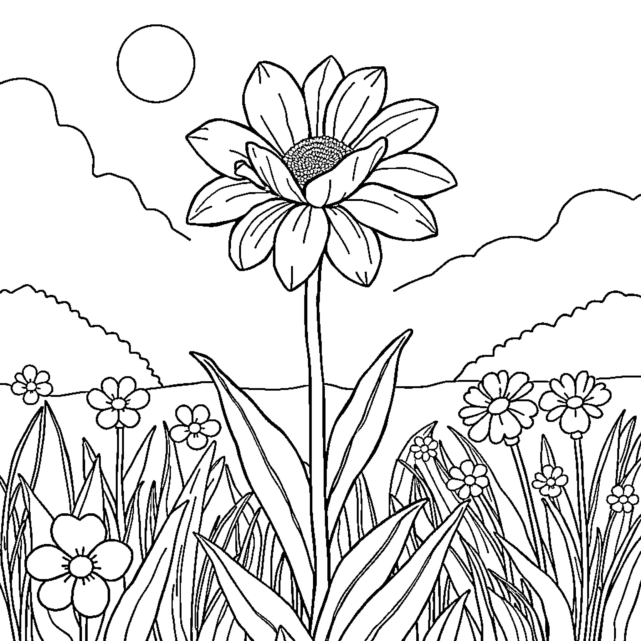 Flower blooming beautifully in the meadow Coloring Page (free black-and-white line drawing printable PDF for all, from beginners to advanced learners, including children, teens, adults, and seniors)