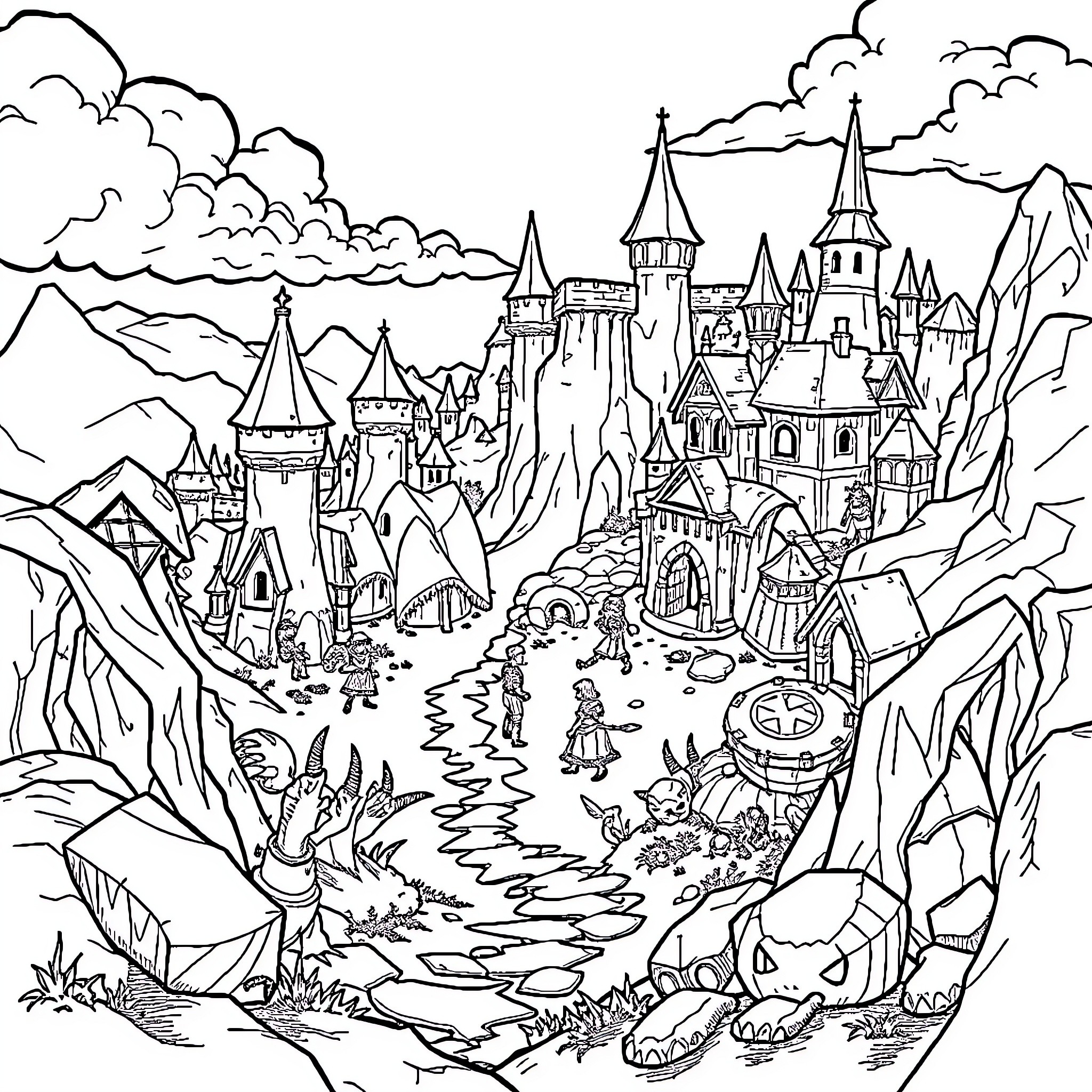RuneScape Fantasy Castle and Adventure Scene Coloring Page (free black-and-white line drawing printable PDF for all, from beginners to advanced learners, including children, teens, adults, and seniors)