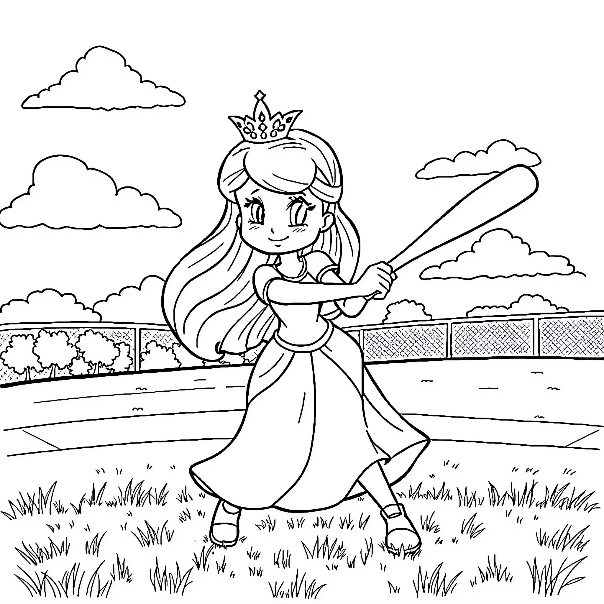Princess Enjoying a Sunny Day Outdoors Coloring Page (free black-and-white line drawing printable PDF for all, from beginners to advanced learners, including children, teens, adults, and seniors)