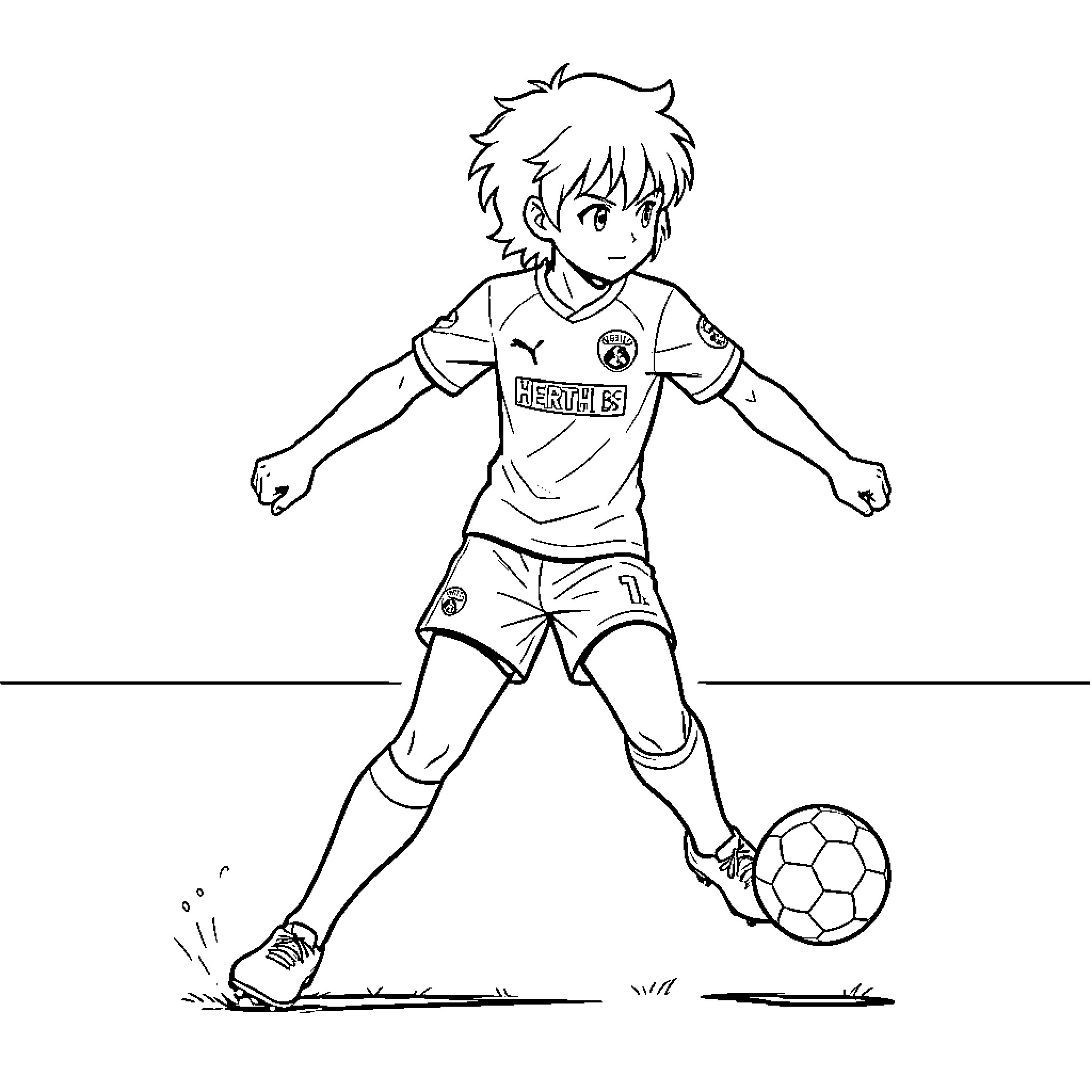 Tsubasa playing soccer and kicking a ball Coloring Page (free black-and-white line drawing printable PDF for all, from beginners to advanced learners, including children, teens, adults, and seniors)