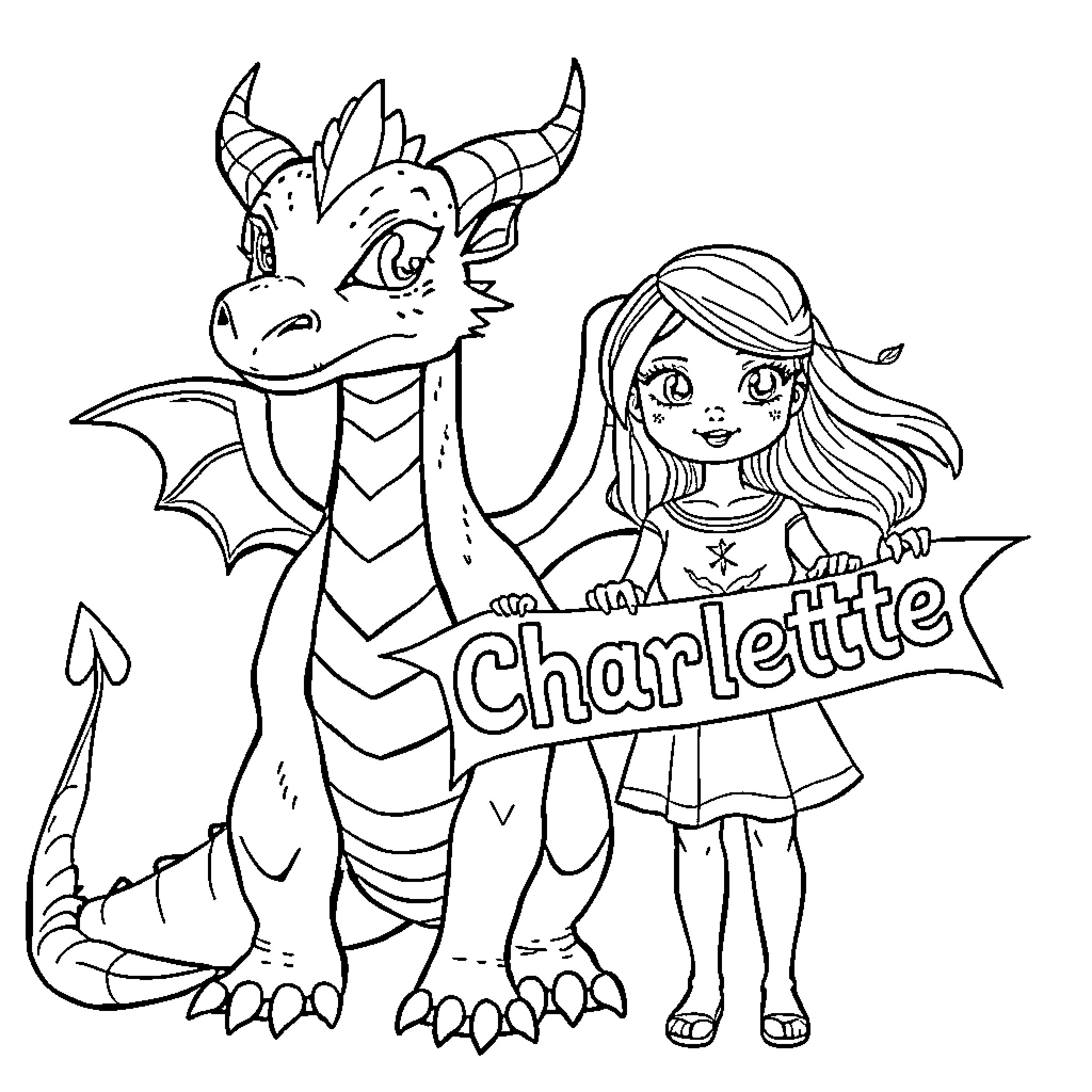 Dragon and Girl Posing Together Coloring Page (free black-and-white line drawing printable PDF for all, from beginners to advanced learners, including children, teens, adults, and seniors)