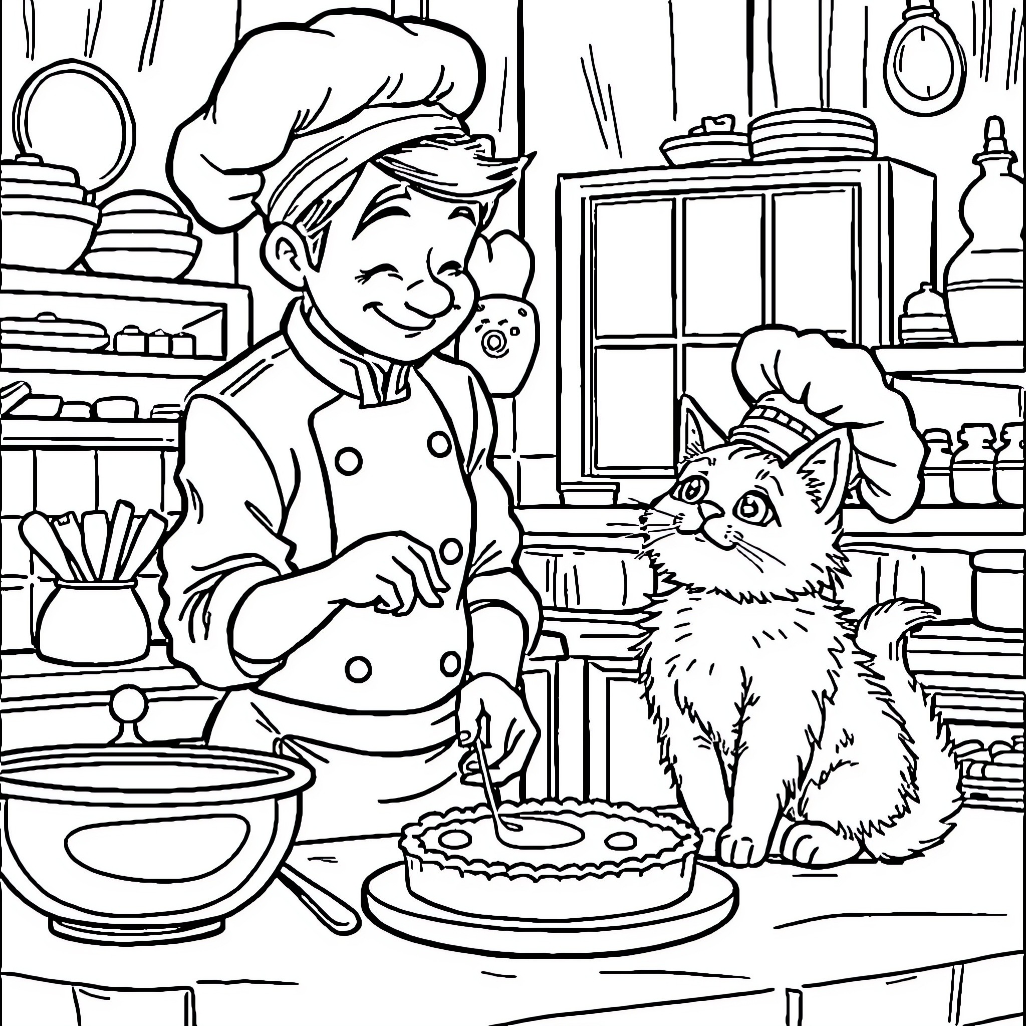 Chef preparing a dish with a curious cat Coloring Page (free black-and-white line drawing printable PDF for all, from beginners to advanced learners, including children, teens, adults, and seniors)