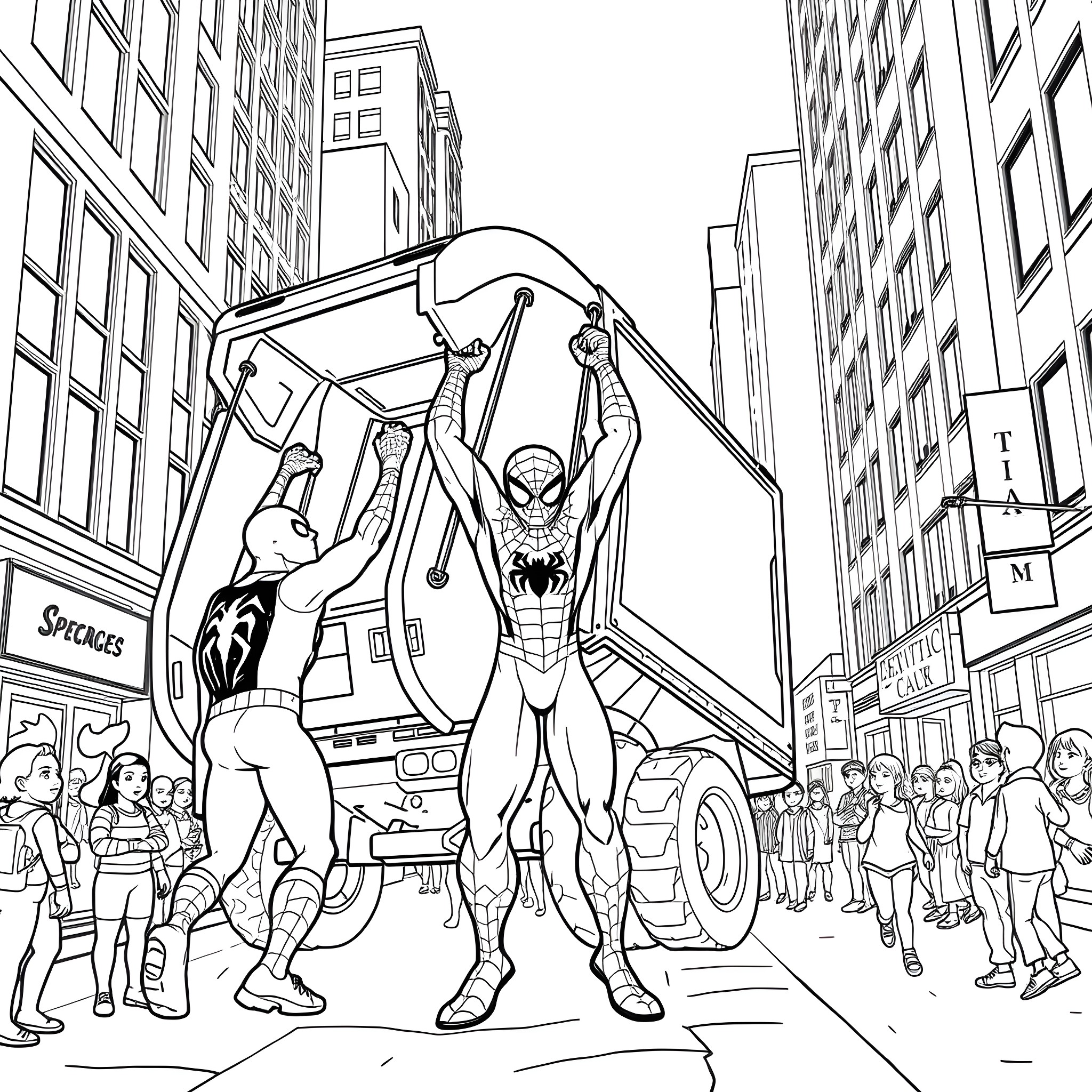 Spider-Man battles foes in the bustling city Coloring Page (free black-and-white line drawing printable PDF for all, from beginners to advanced learners, including children, teens, adults, and seniors)
