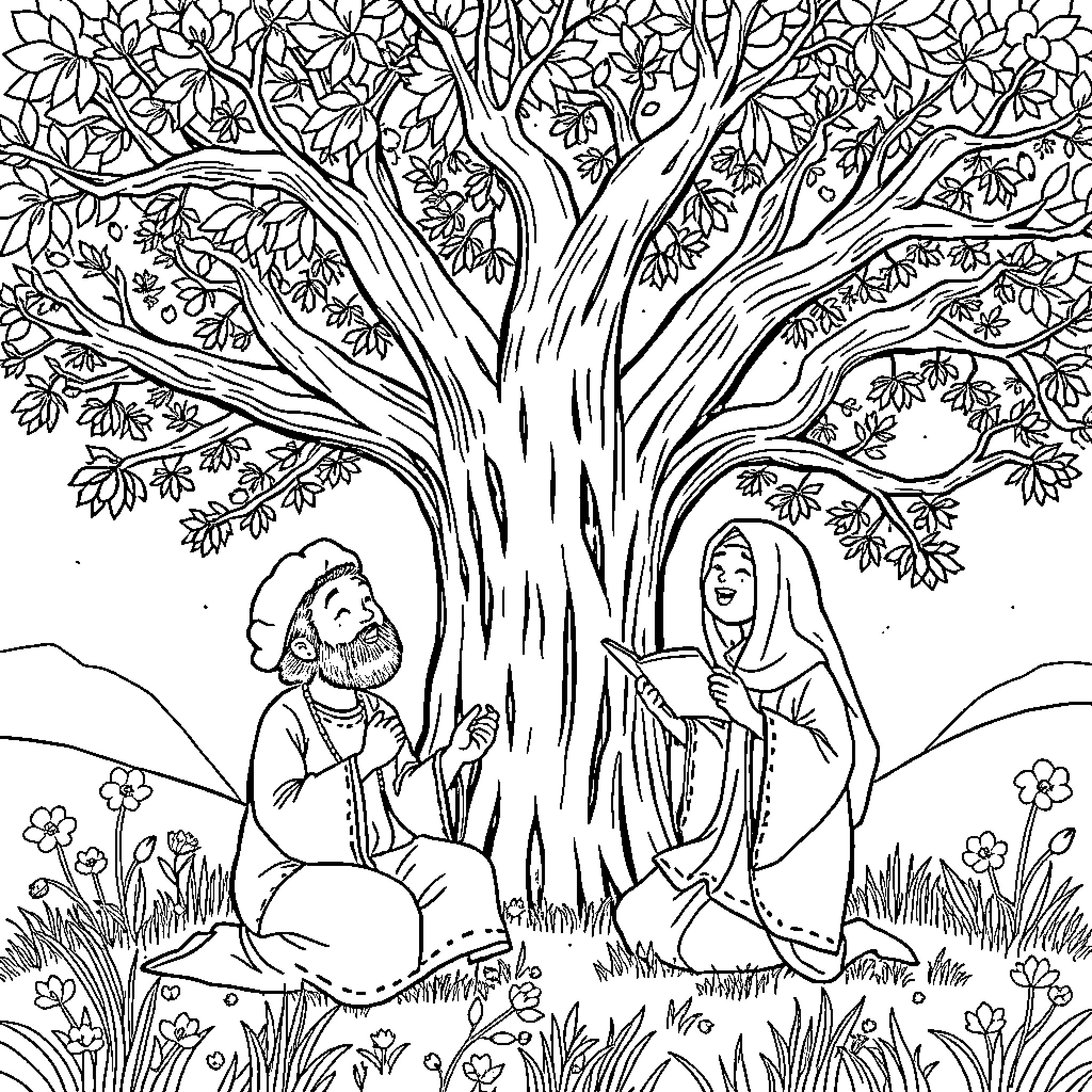 Rumi's Peaceful Encounter with a Companion Coloring Page (free black-and-white line drawing printable PDF for all, from beginners to advanced learners, including children, teens, adults, and seniors)