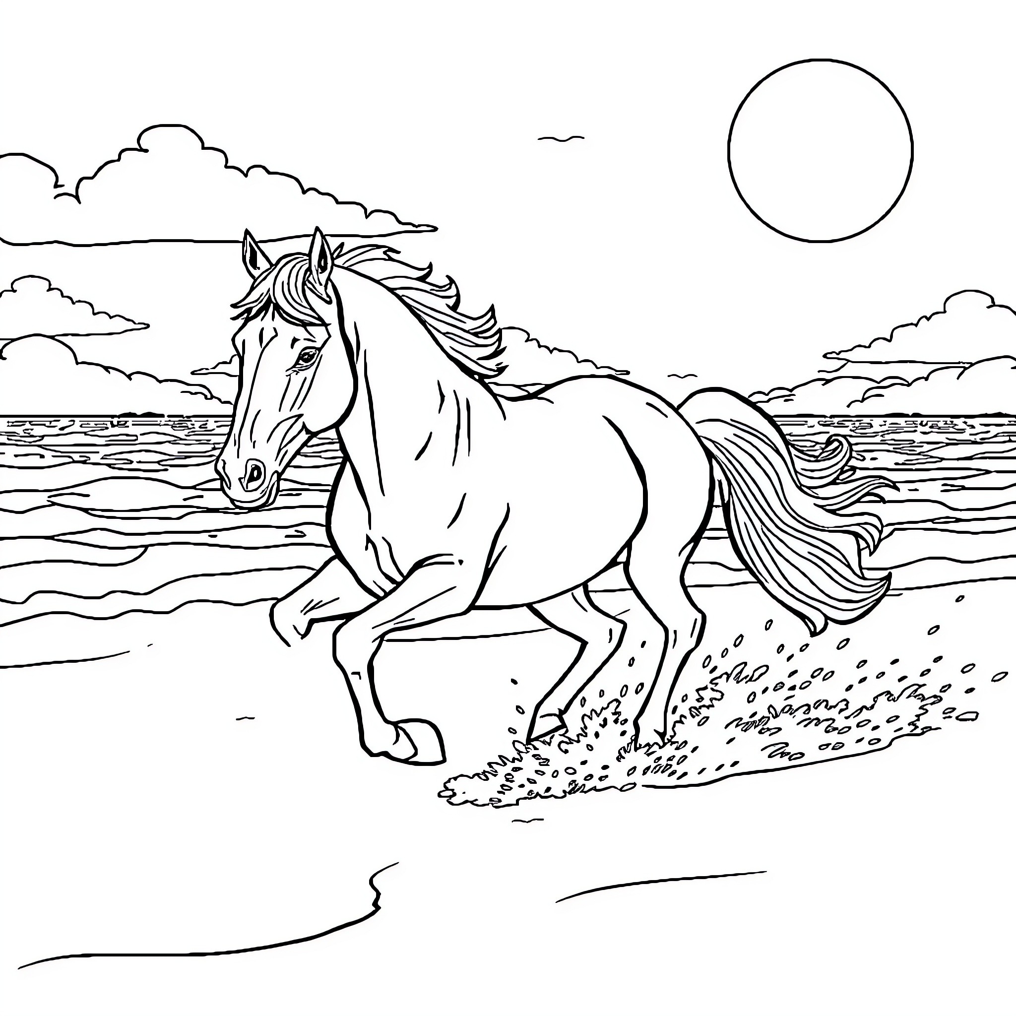 Horse galloping along the beach at sunset Coloring Page (free black-and-white line drawing printable PDF for all, from beginners to advanced learners, including children, teens, adults, and seniors)