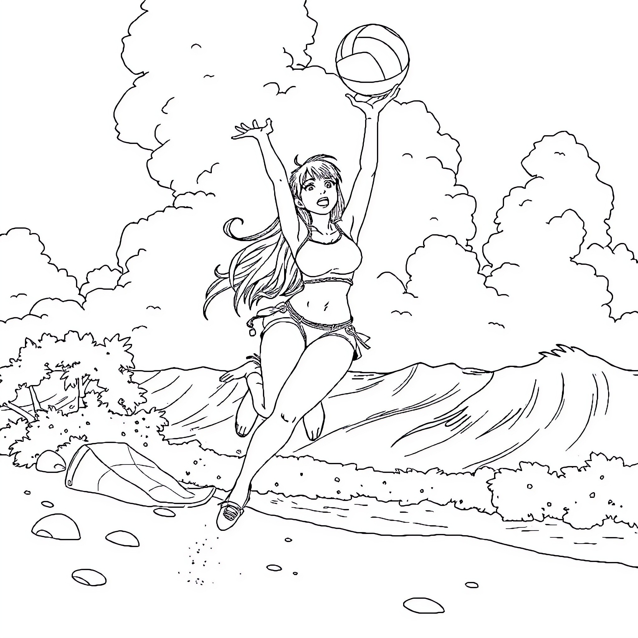 Tifa playing volleyball on the beach Coloring Page (free black-and-white line drawing printable PDF for all, from beginners to advanced learners, including children, teens, adults, and seniors)