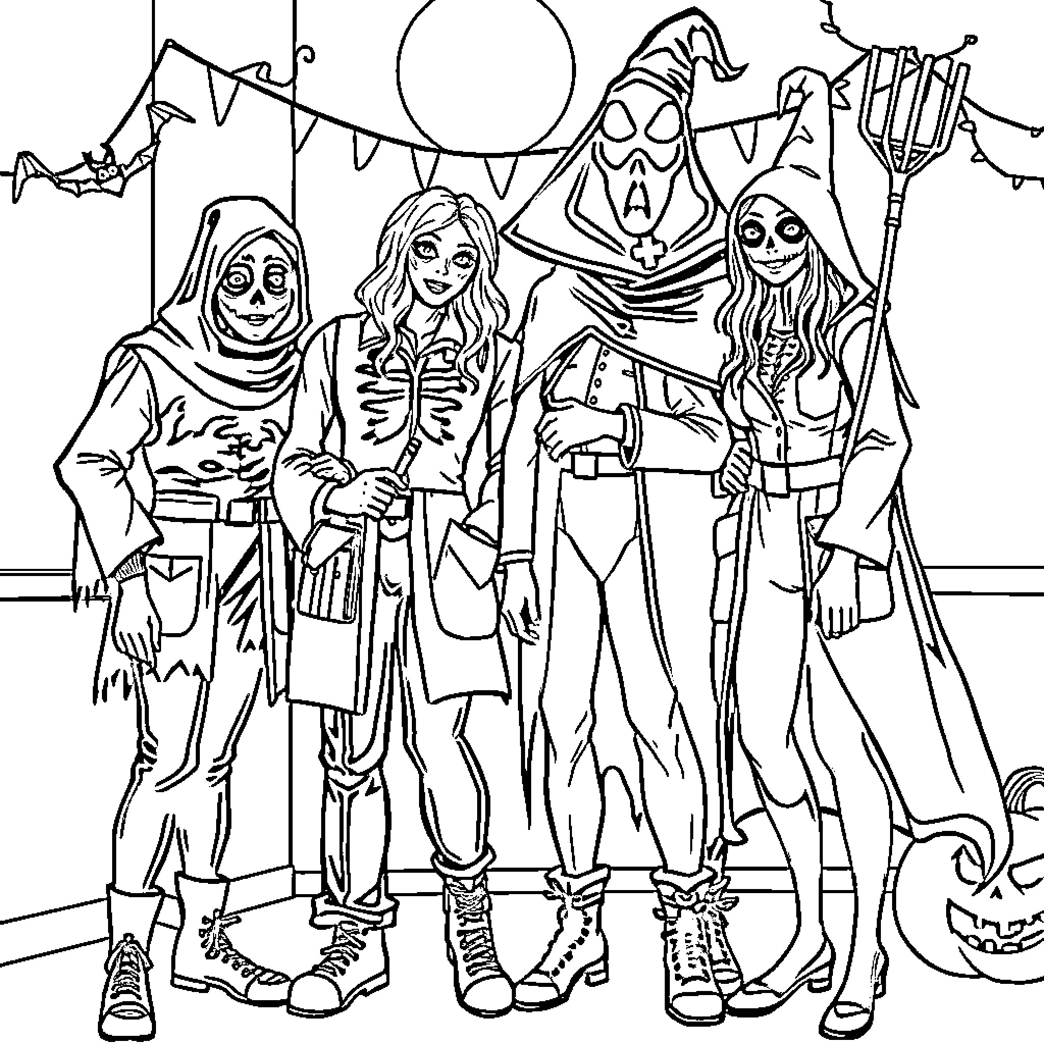 Pathology Assistant: Festive Group of Characters Coloring Page (free black-and-white line drawing printable PDF for all, from beginners to advanced learners, including children, teens, adults, and seniors)