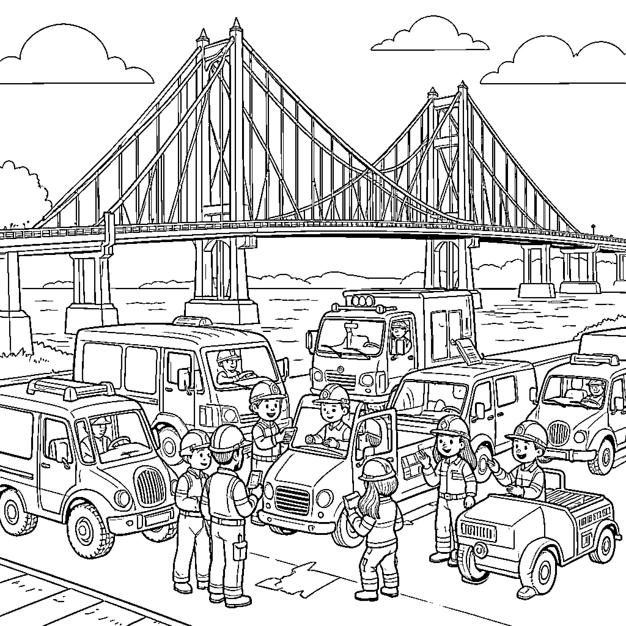 Paw Patrol characters working with construction vehicles near bridge Coloring Page (free black-and-white line drawing printable PDF for all, from beginners to advanced learners, including children, teens, adults, and seniors)