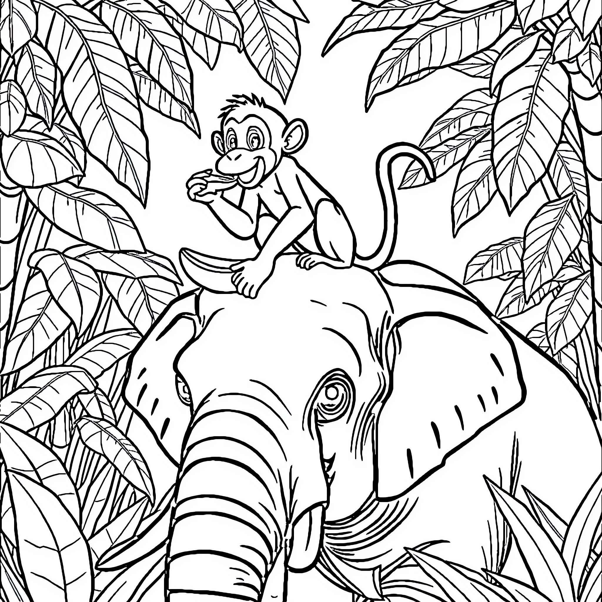 Monkey sitting happily on an elephant in the jungle Coloring Page (free black-and-white line drawing printable PDF for all, from beginners to advanced learners, including children, teens, adults, and seniors)