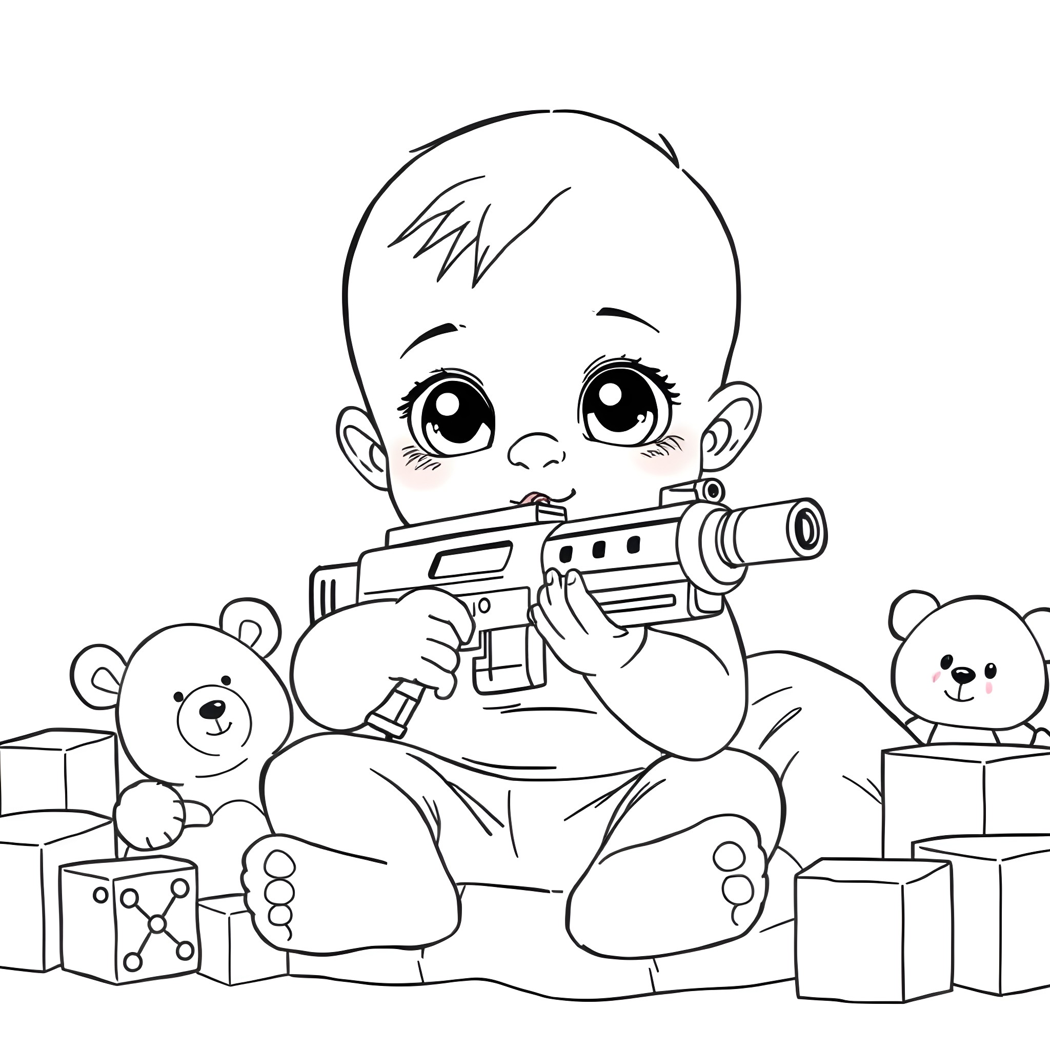 Baby playing with toys in room Coloring Page (free black-and-white line drawing printable PDF for all, from beginners to advanced learners, including children, teens, adults, and seniors)