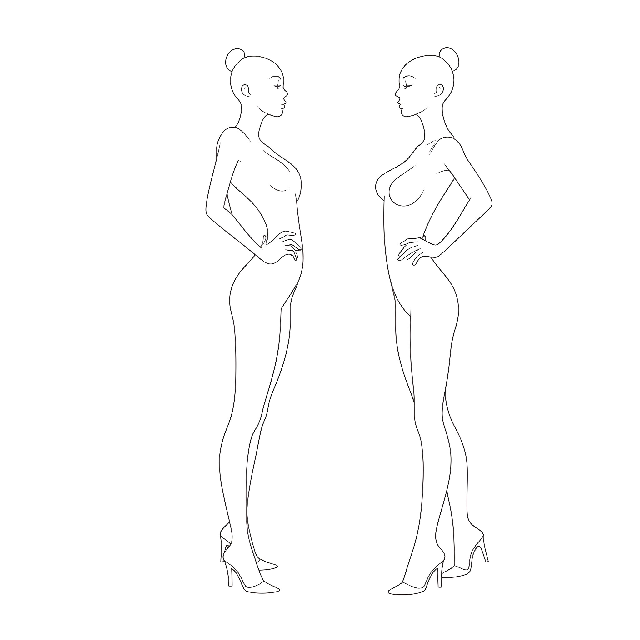 Model figures in stylized poses Coloring Page (free black-and-white line drawing printable PDF for all, from beginners to advanced learners, including children, teens, adults, and seniors)