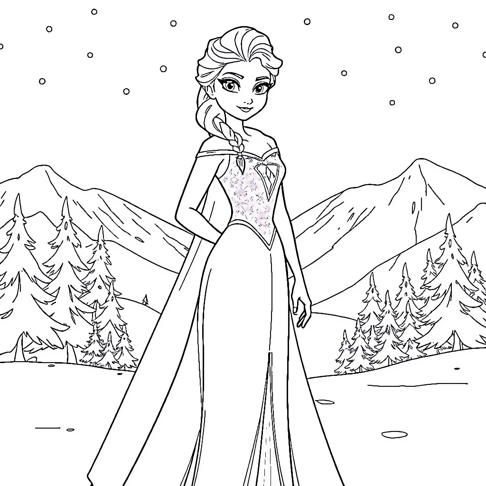 Elsa in a Wintry Wonderland Coloring Page (free black-and-white line drawing printable PDF for all, from beginners to advanced learners, including children, teens, adults, and seniors)