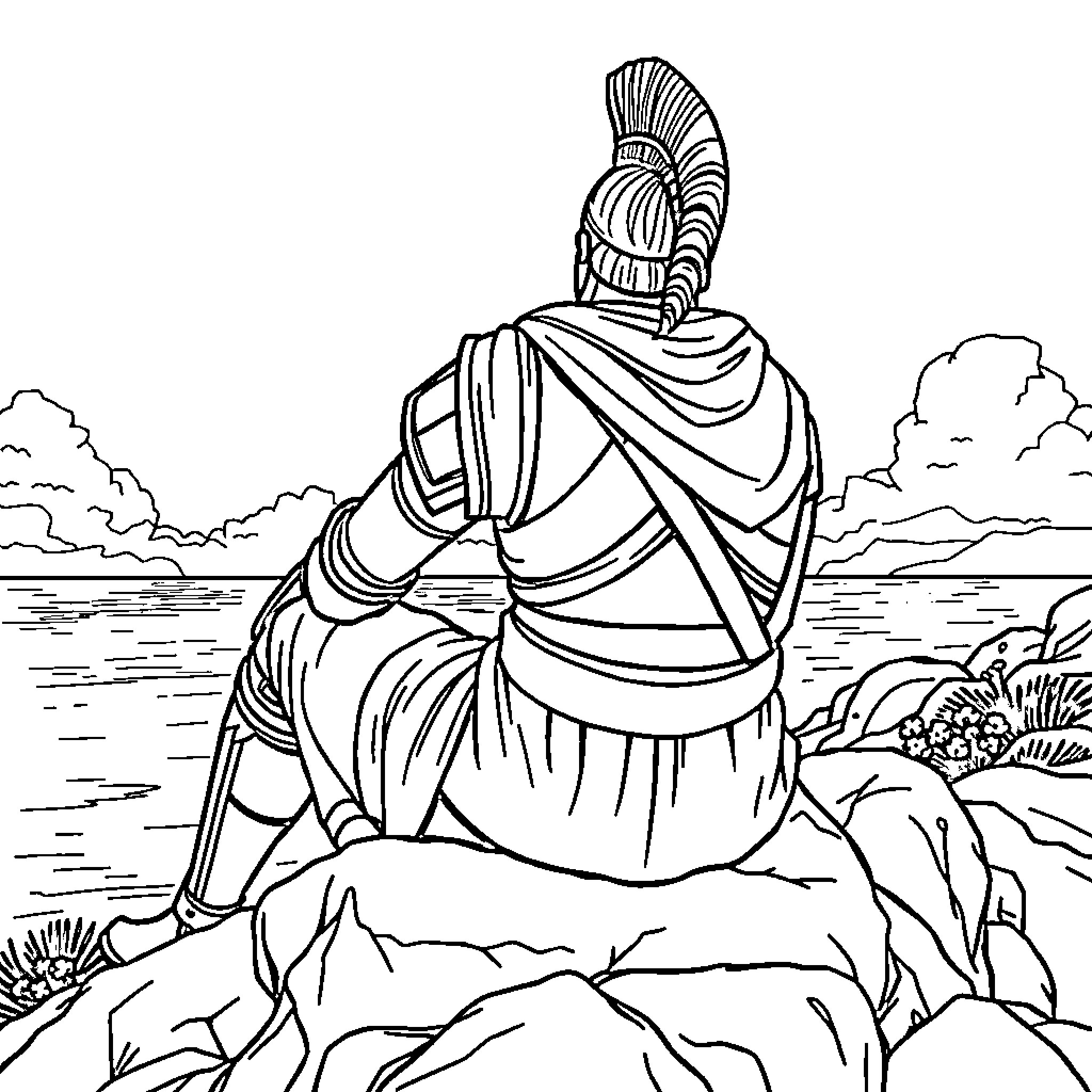 Soldier in Contemplation by the Seaside Coloring Page (free black-and-white line drawing printable PDF for all, from beginners to advanced learners, including children, teens, adults, and seniors)