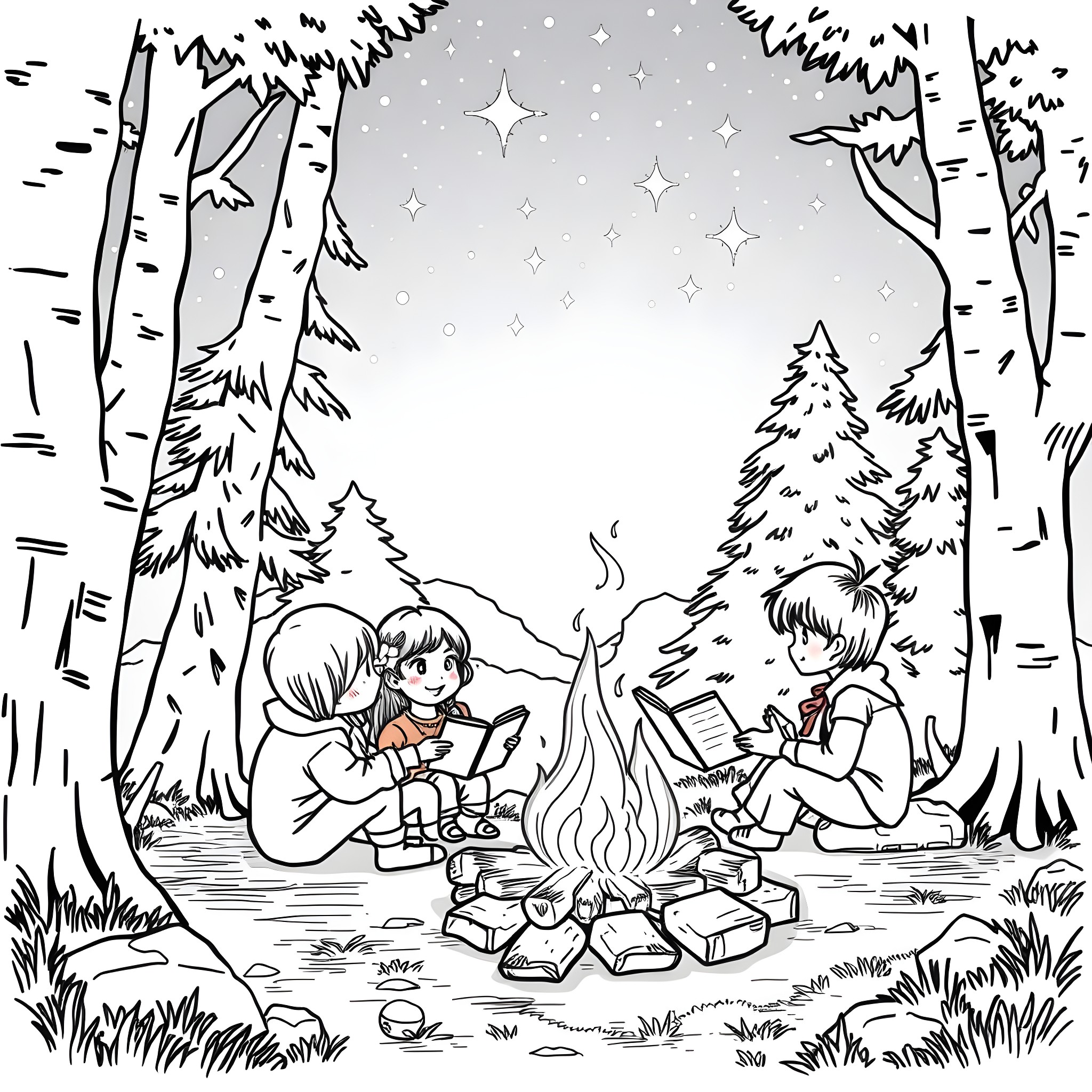 Kids enjoying cozy campfire in snowy forest Coloring Page (free black-and-white line drawing printable PDF for all, from beginners to advanced learners, including children, teens, adults, and seniors)