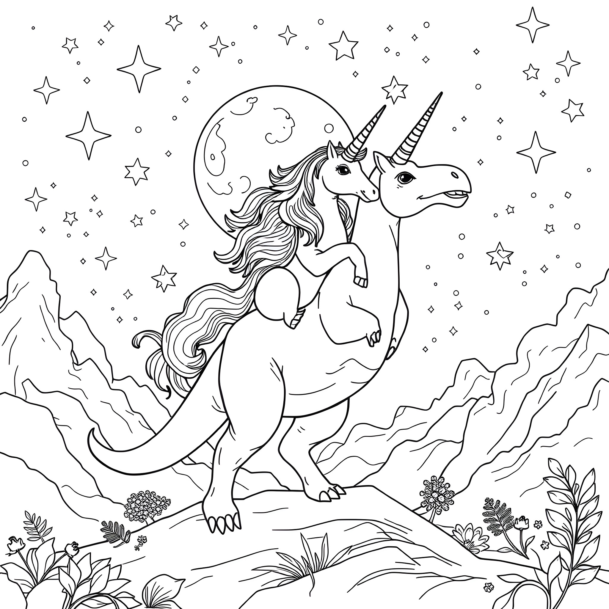 Unicorn soaring through the magical night sky Coloring Page (free black-and-white line drawing printable PDF for all, from beginners to advanced learners, including children, teens, adults, and seniors)