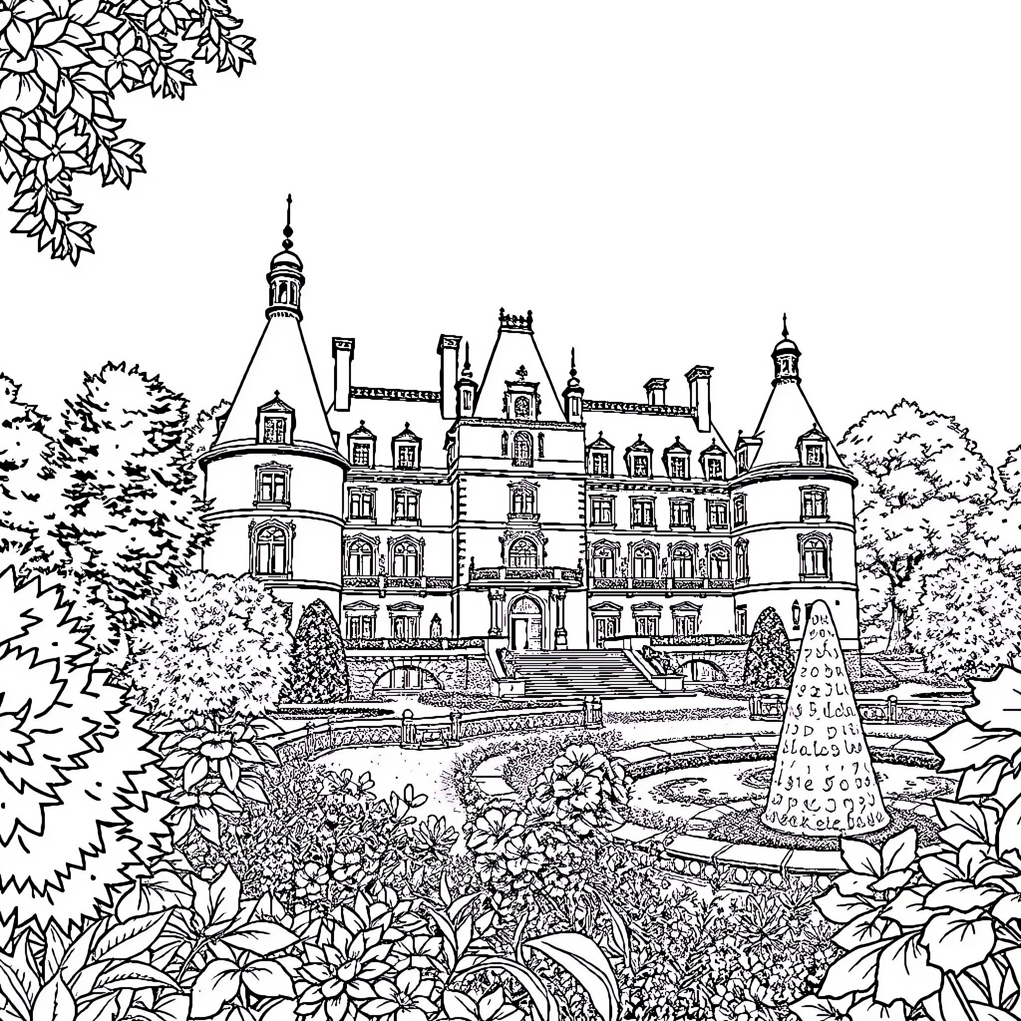 Castle with Elaborate Architecture in Floral Garden Coloring Page (free black-and-white line drawing printable PDF for all, from beginners to advanced learners, including children, teens, adults, and seniors)