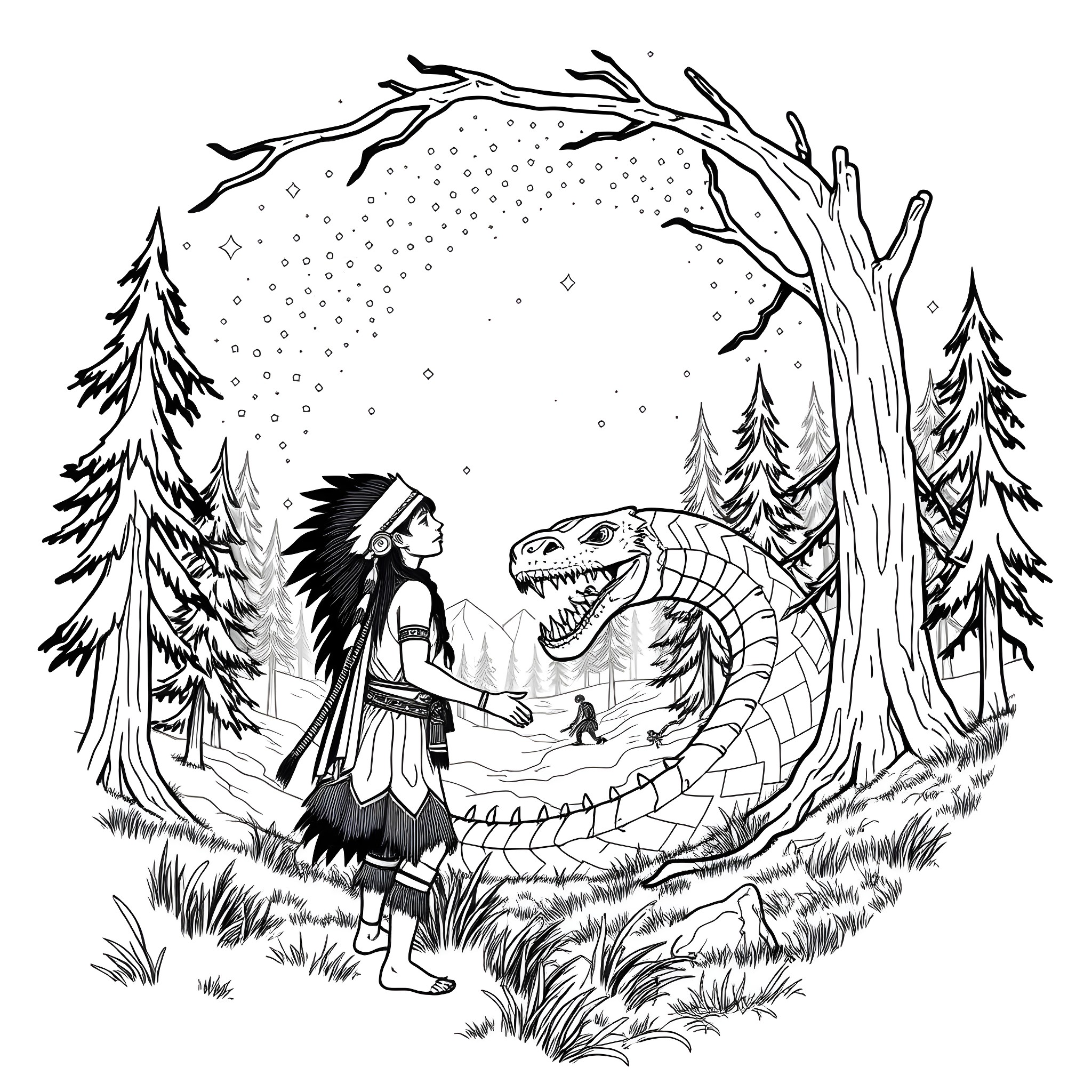 Warrior confronts a giant snake in the snowy forest Coloring Page (free black-and-white line drawing printable PDF for all, from beginners to advanced learners, including children, teens, adults, and seniors)