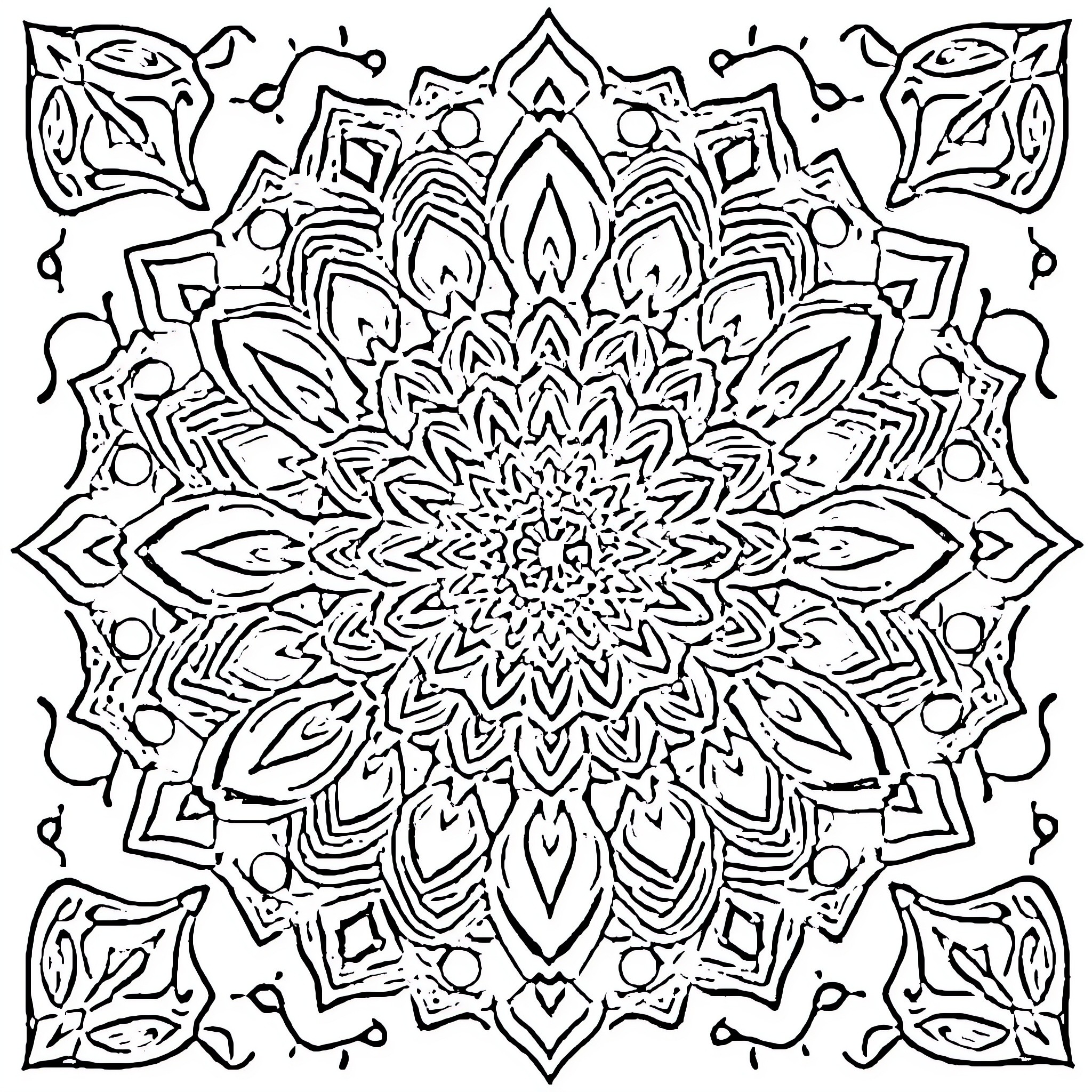 Mandala of intricate floral patterns and geometric shapes Coloring Page (free black-and-white line drawing printable PDF for all, from beginners to advanced learners, including children, teens, adults, and seniors)