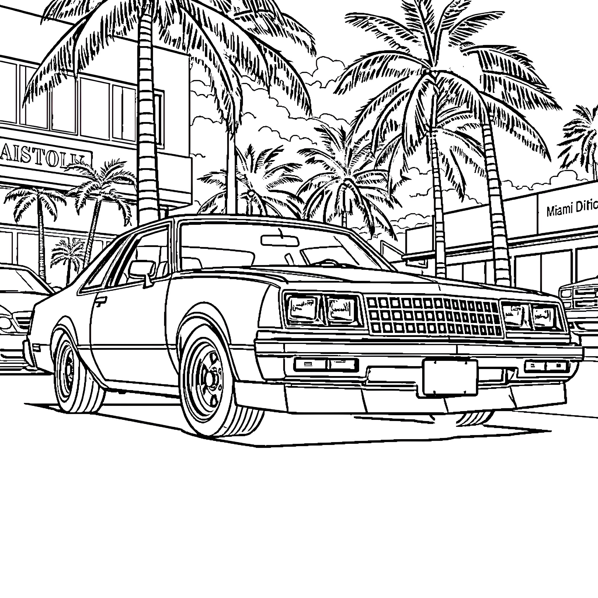 Chevy Nova in a tropical Miami setting Coloring Page (free black-and-white line drawing printable PDF for all, from beginners to advanced learners, including children, teens, adults, and seniors)