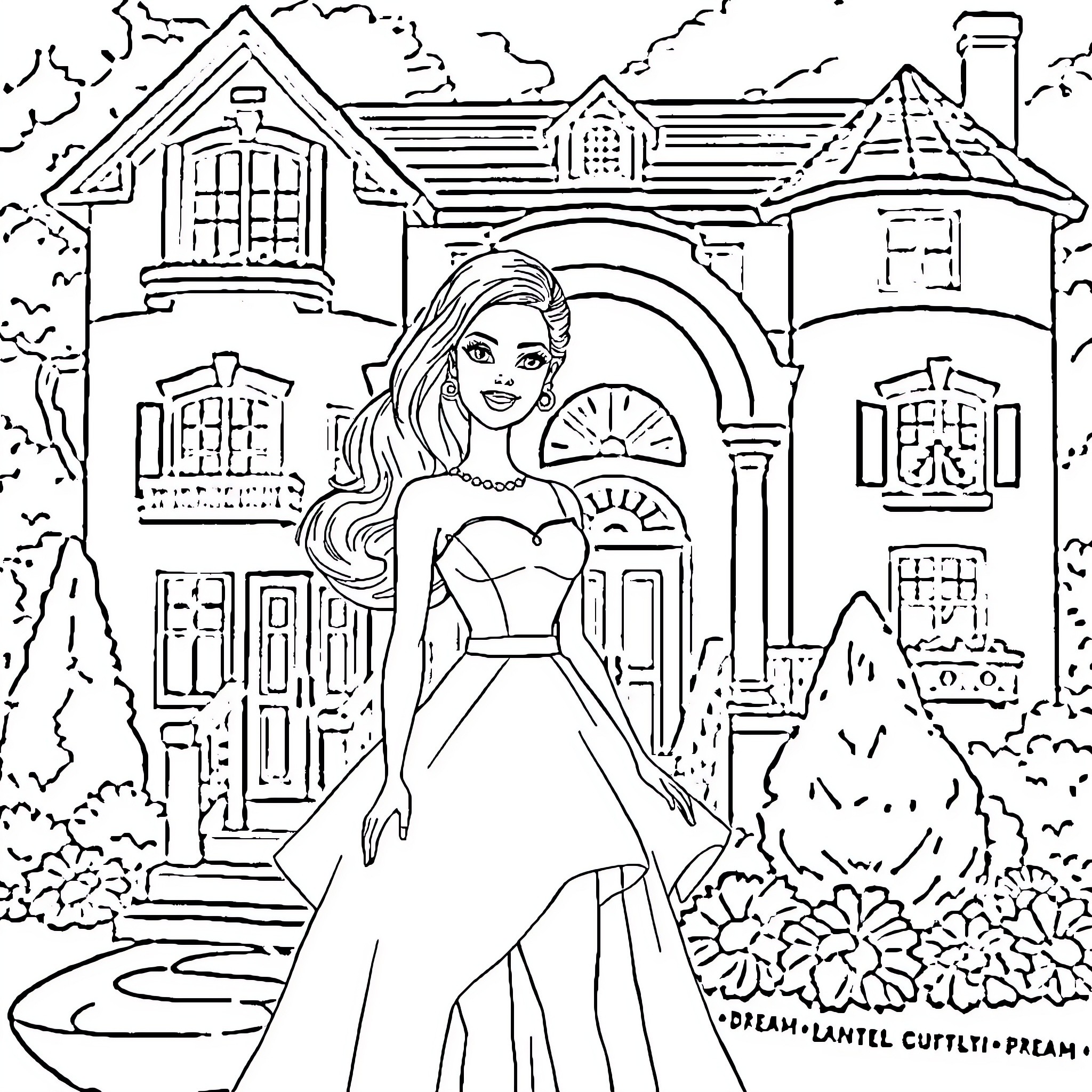 Barbie posing elegantly in front of her dream house Coloring Page (free black-and-white line drawing printable PDF for all, from beginners to advanced learners, including children, teens, adults, and seniors)