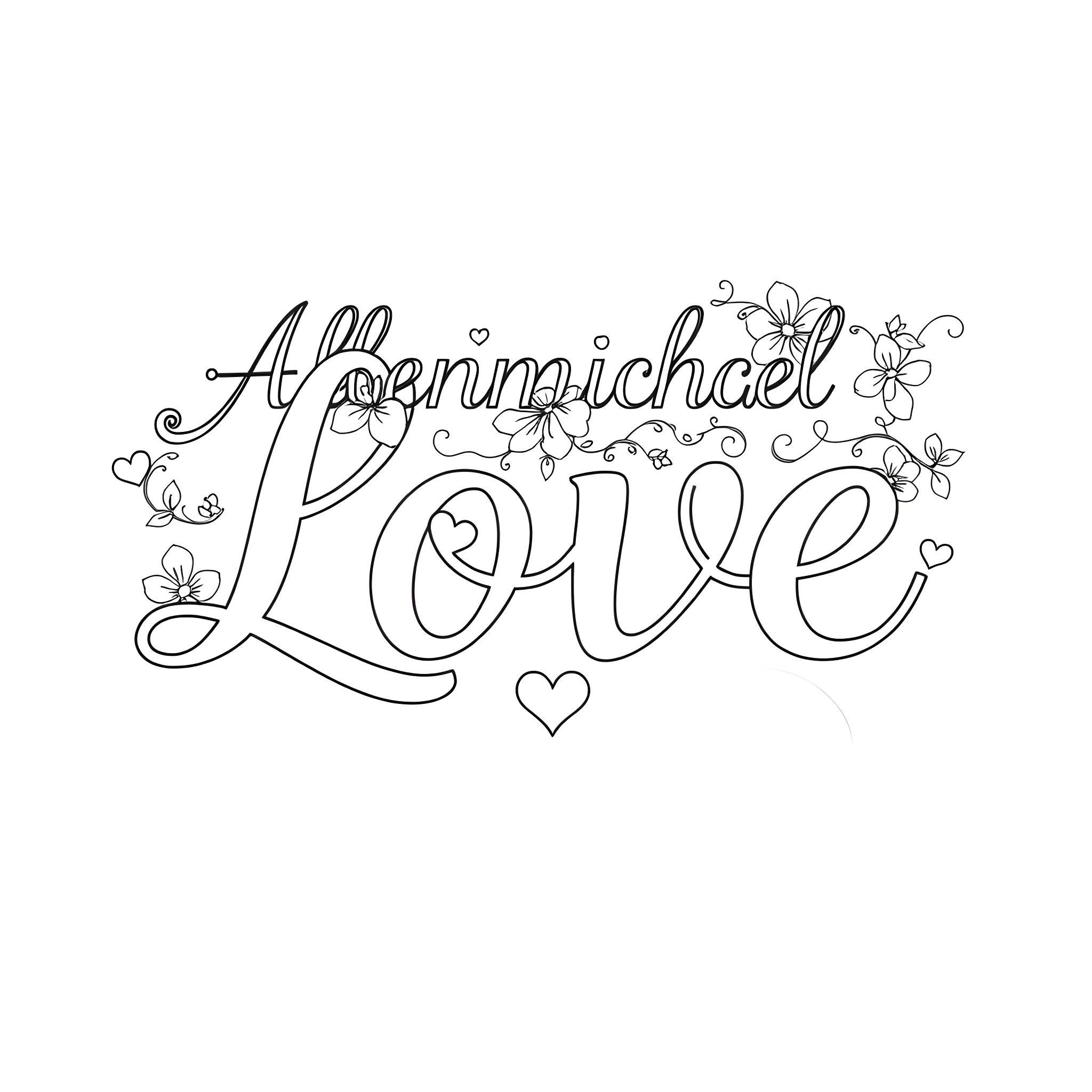 Cursive Artistic Love with Floral Accents Coloring Page (free black-and-white line drawing printable PDF for all, from beginners to advanced learners, including children, teens, adults, and seniors)