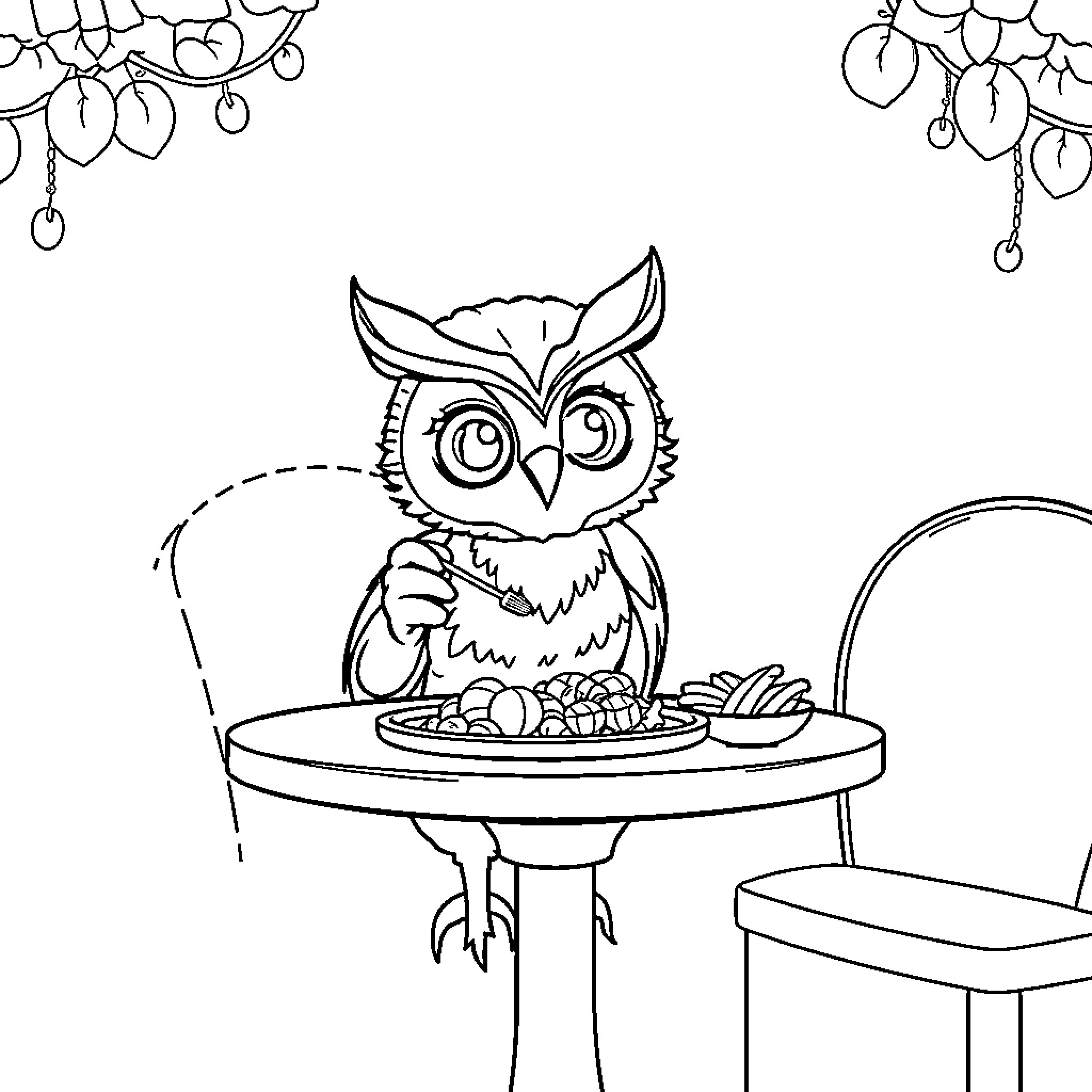 Owlette having a meal at the table Coloring Page (free black-and-white line drawing printable PDF for all, from beginners to advanced learners, including children, teens, adults, and seniors)