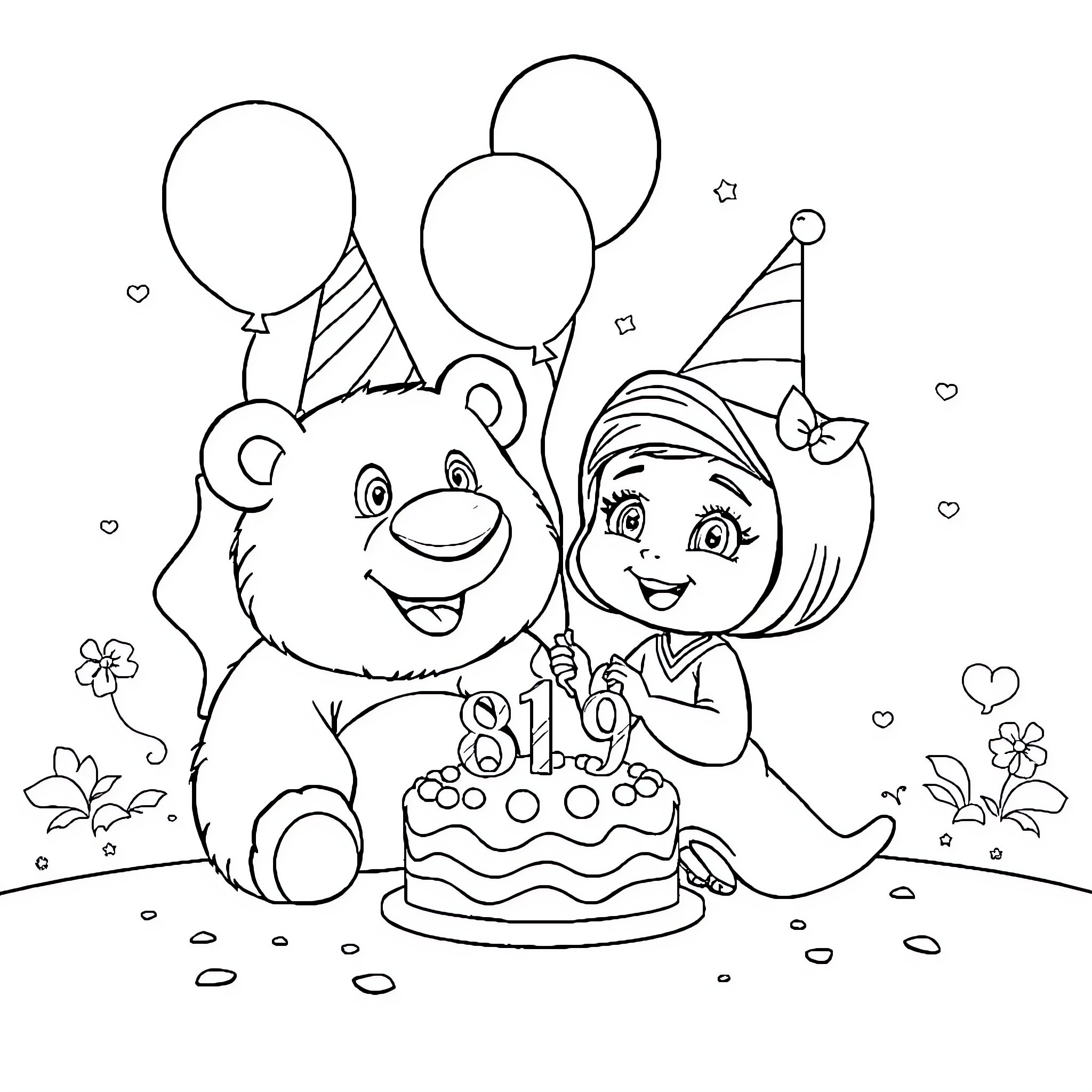 Masha celebrates her birthday with a bear friend Coloring Page (free black-and-white line drawing printable PDF for all, from beginners to advanced learners, including children, teens, adults, and seniors)