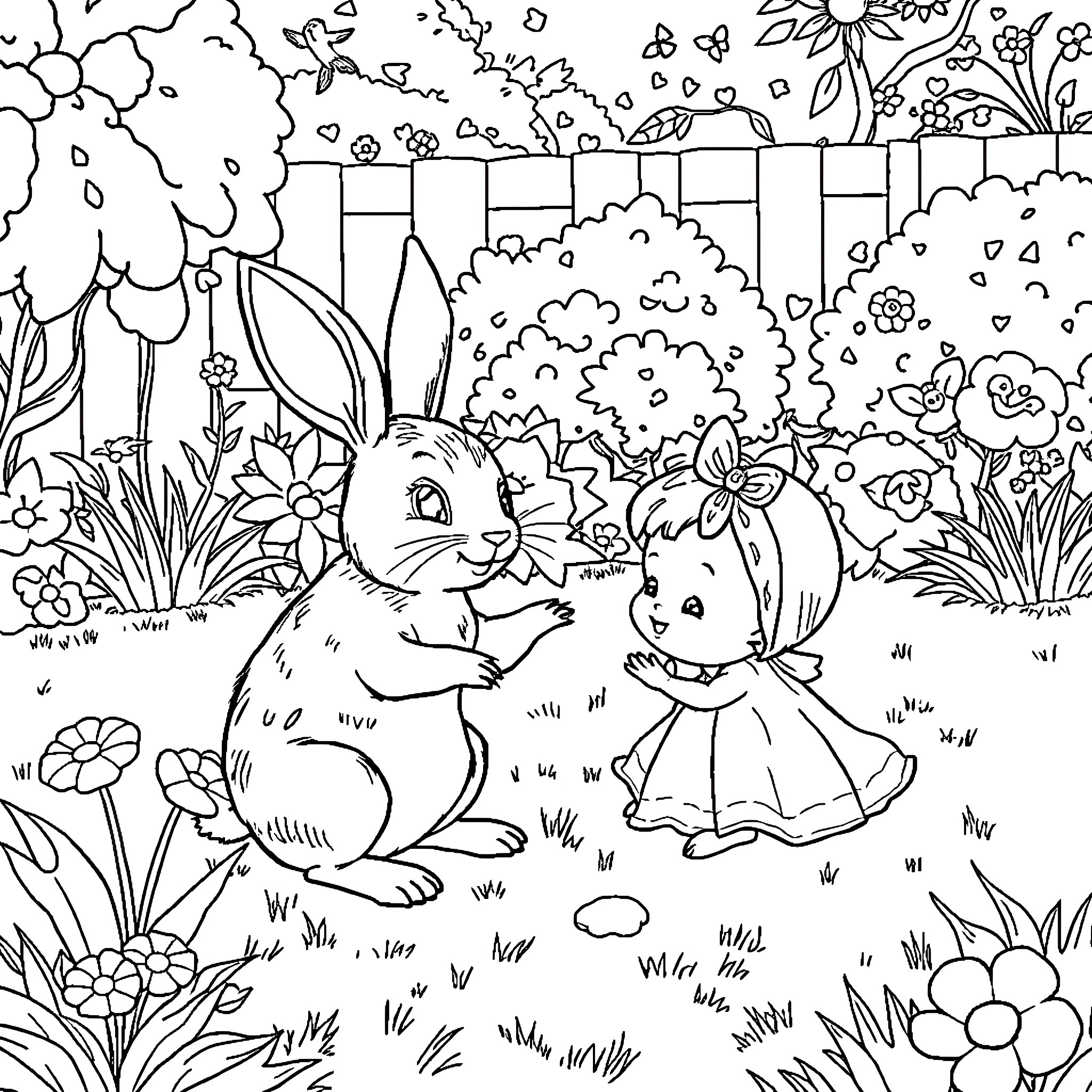 Lapin's Playful Encounter in the Flowery Garden Coloring Page (free black-and-white line drawing printable PDF for all, from beginners to advanced learners, including children, teens, adults, and seniors)