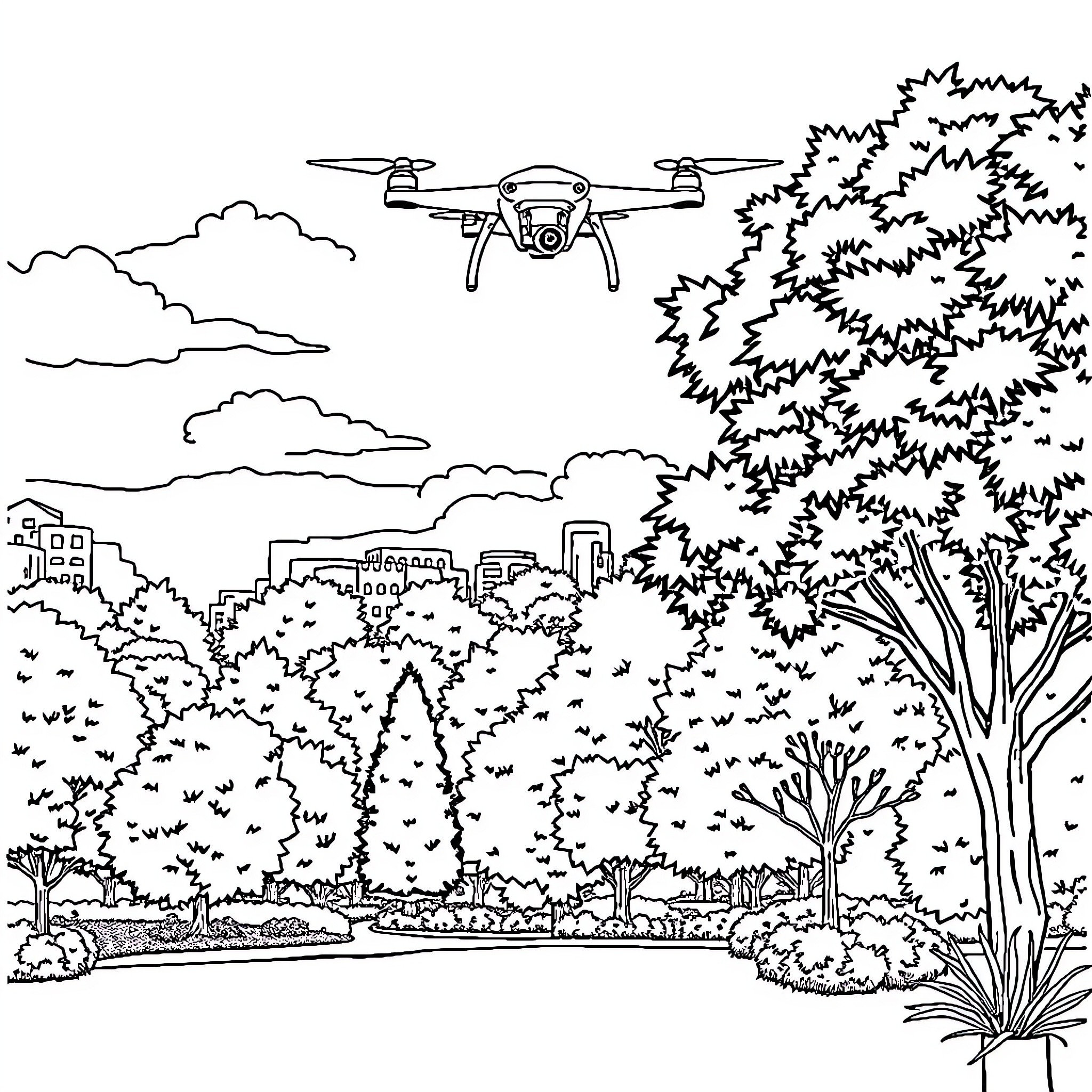 Drone flying over scenic urban landscape Coloring Page (free black-and-white line drawing printable PDF for all, from beginners to advanced learners, including children, teens, adults, and seniors)