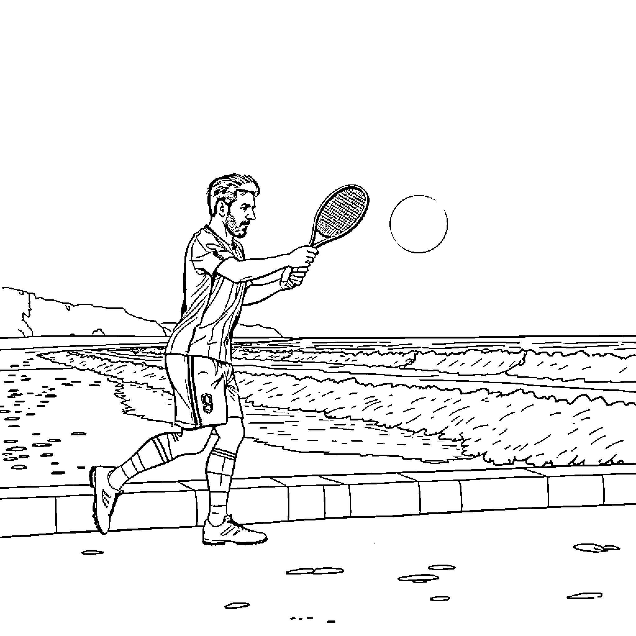 Messi playing tennis on the beach Coloring Page (free black-and-white line drawing printable PDF for all, from beginners to advanced learners, including children, teens, adults, and seniors)