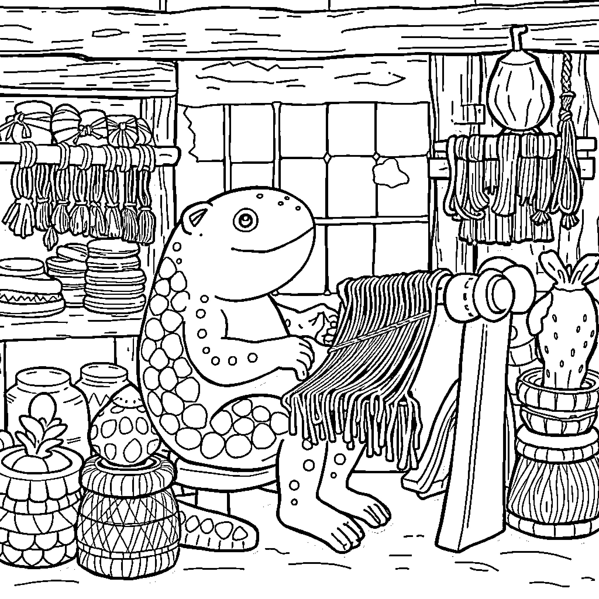Slowpoke exploring a vibrant marketplace Coloring Page (free black-and-white line drawing printable PDF for all, from beginners to advanced learners, including children, teens, adults, and seniors)