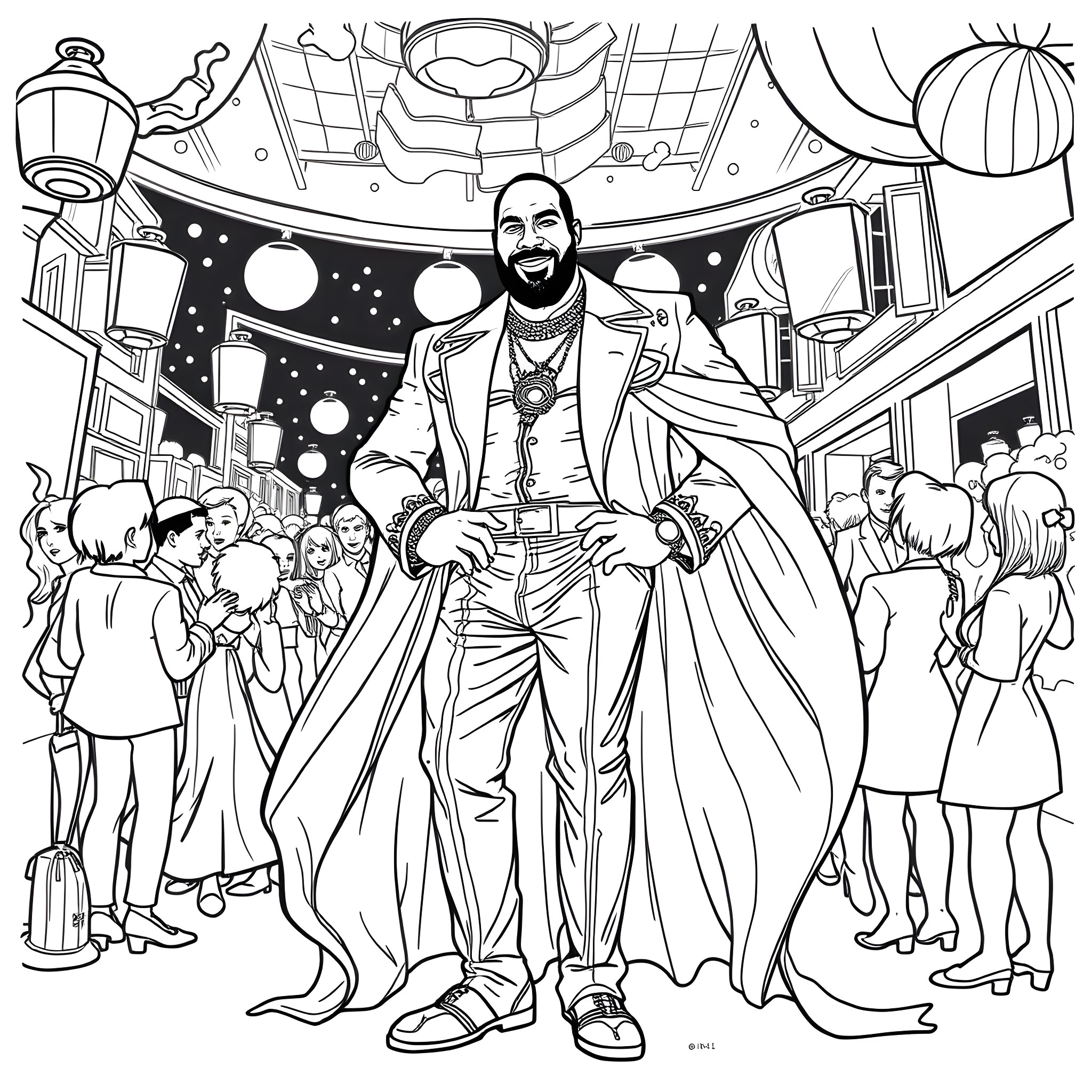 Shaq's Cosmic Celebration in Space Coloring Page (free black-and-white line drawing printable PDF for all, from beginners to advanced learners, including children, teens, adults, and seniors)