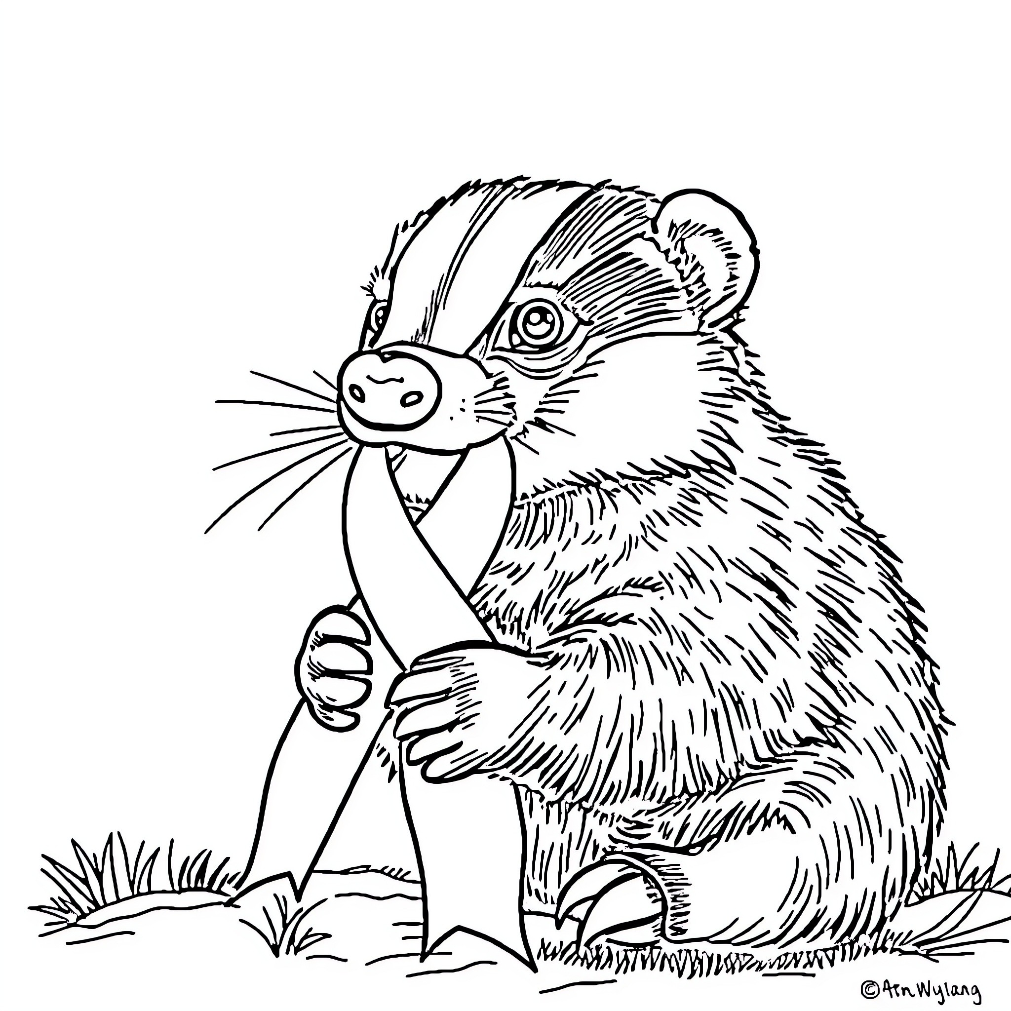 Honey Badger Munching on a Tasty Snack Coloring Page (free black-and-white line drawing printable PDF for all, from beginners to advanced learners, including children, teens, adults, and seniors)