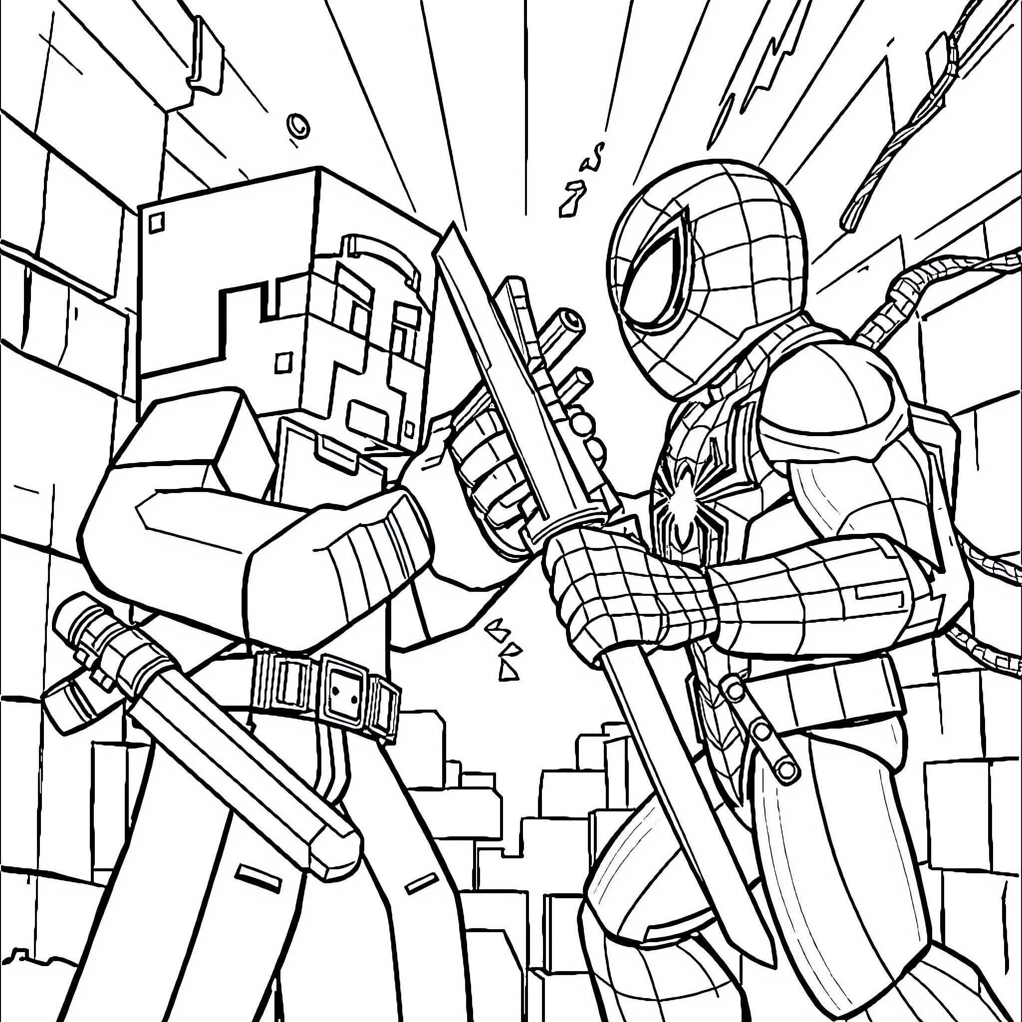 Steve's Superhero City Adventure Coloring Page (free black-and-white line drawing printable PDF for all, from beginners to advanced learners, including children, teens, adults, and seniors)