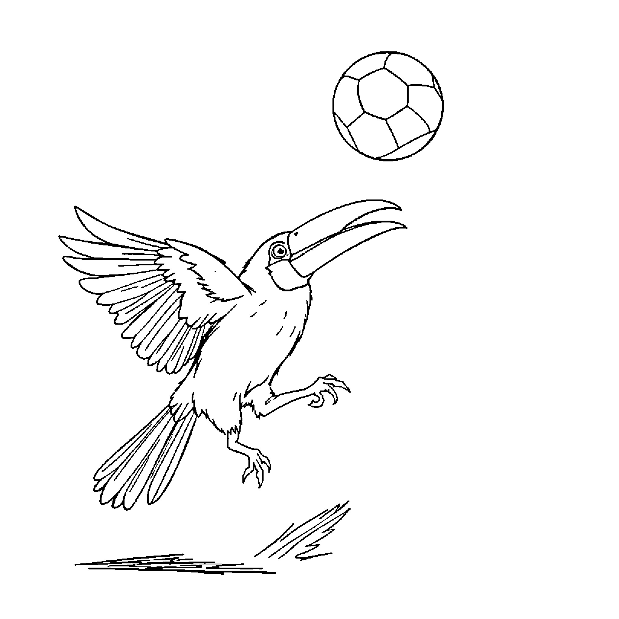 Kangaroo playing with soccer ball and toucan Coloring Page (free black-and-white line drawing printable PDF for all, from beginners to advanced learners, including children, teens, adults, and seniors)